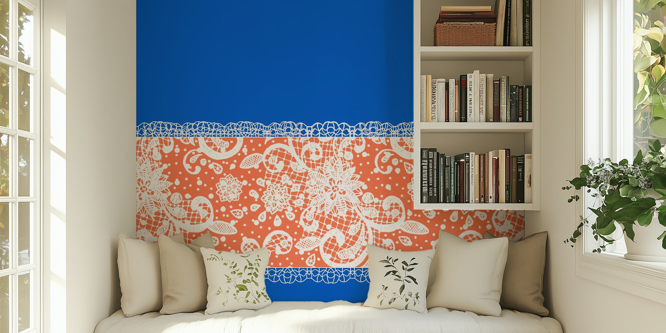 Blue white orange lace tapetti huoneessa