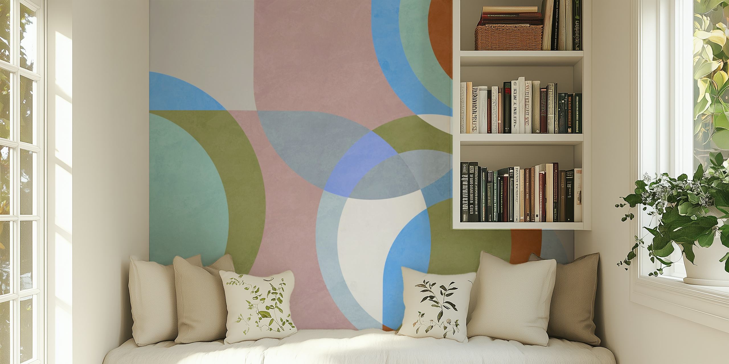 Abstract geometric wallpaper in soft pastel colors including blue, green, and pink.