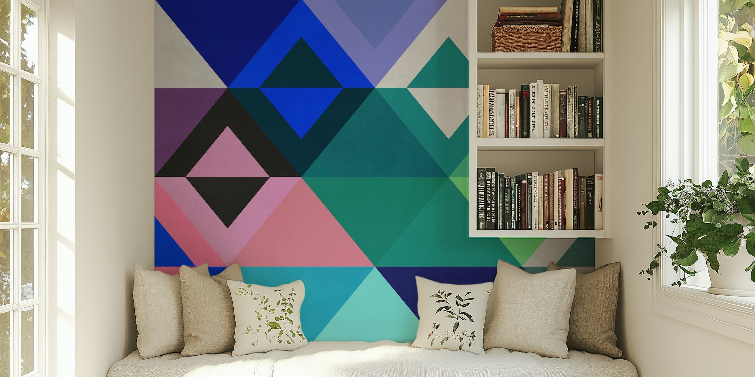 Colorful geometric pattern wallpaper in a room