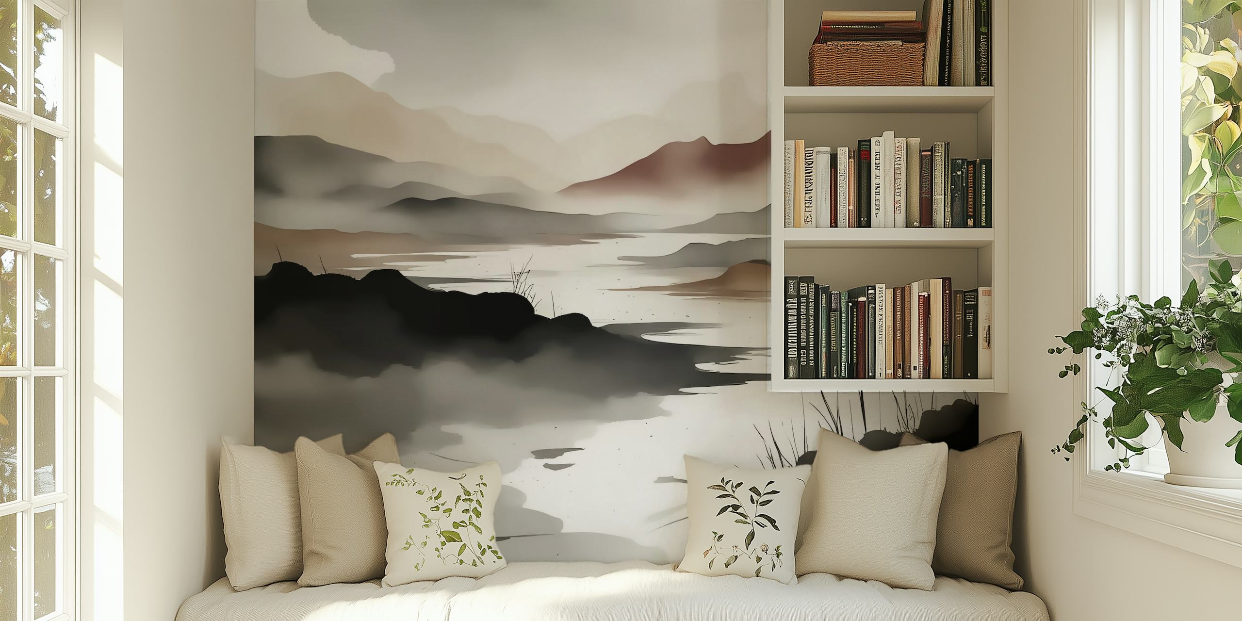 A peaceful Scandinavian-inspired watercolor mural featuring mountains and a lake in muted tones.