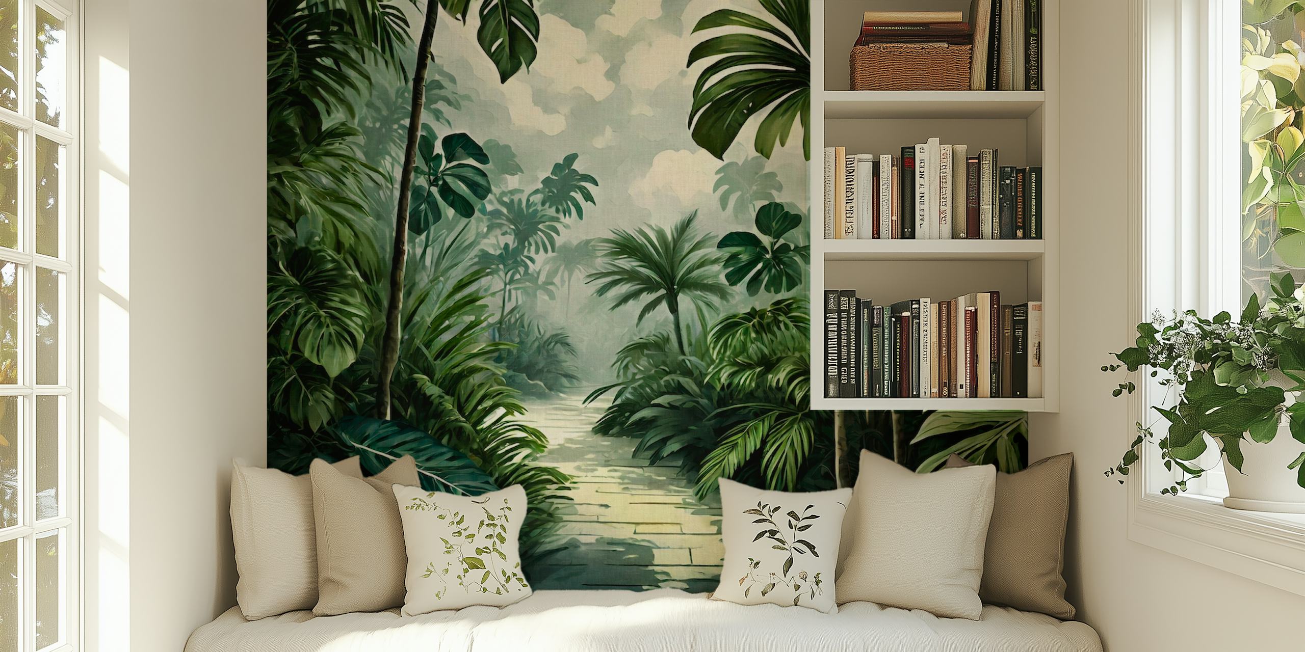Tropical jungle palms in green tones wallpaper