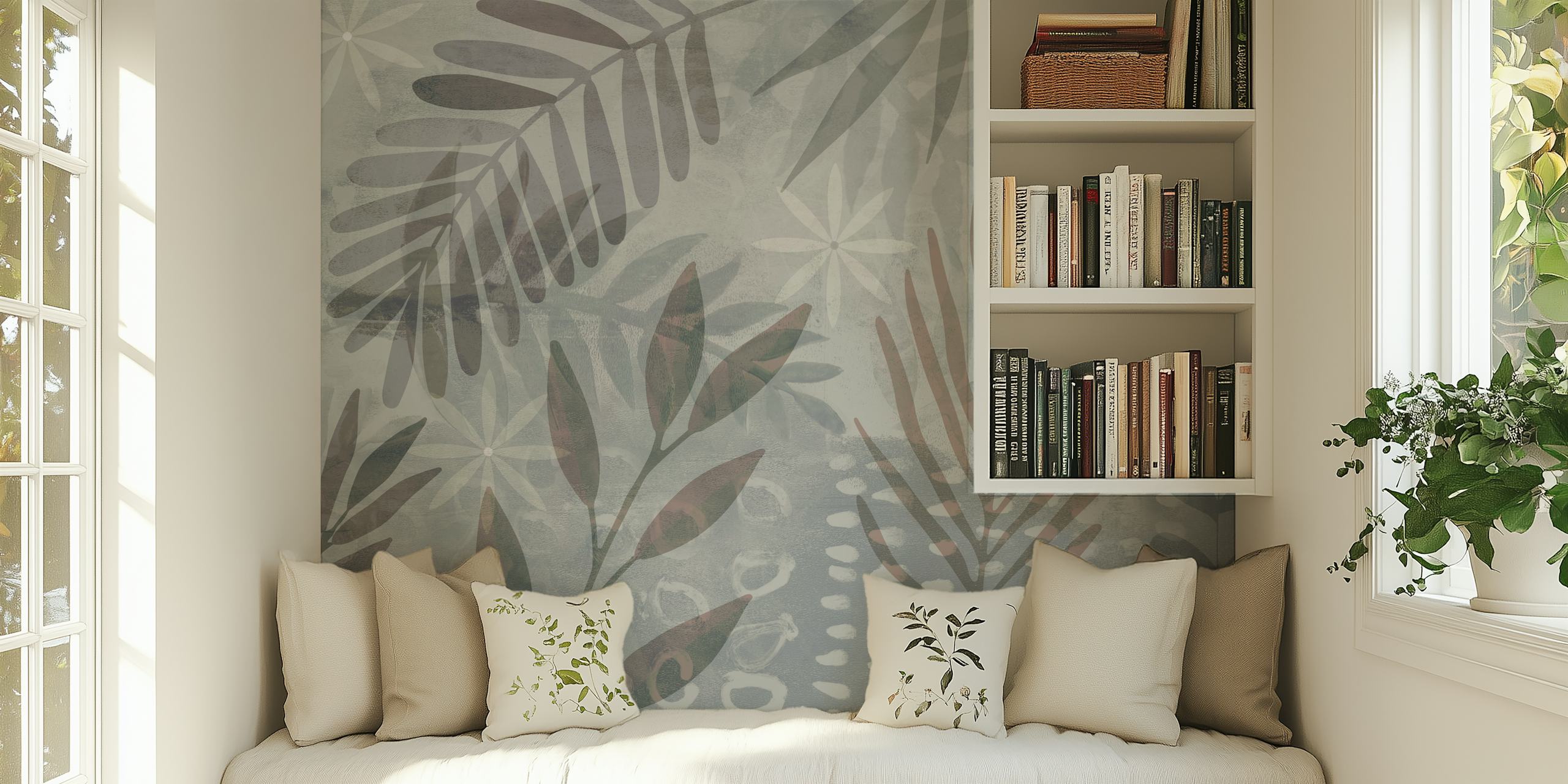 Palm Leaf Collage Mix Grey Brown wallpaper in a room