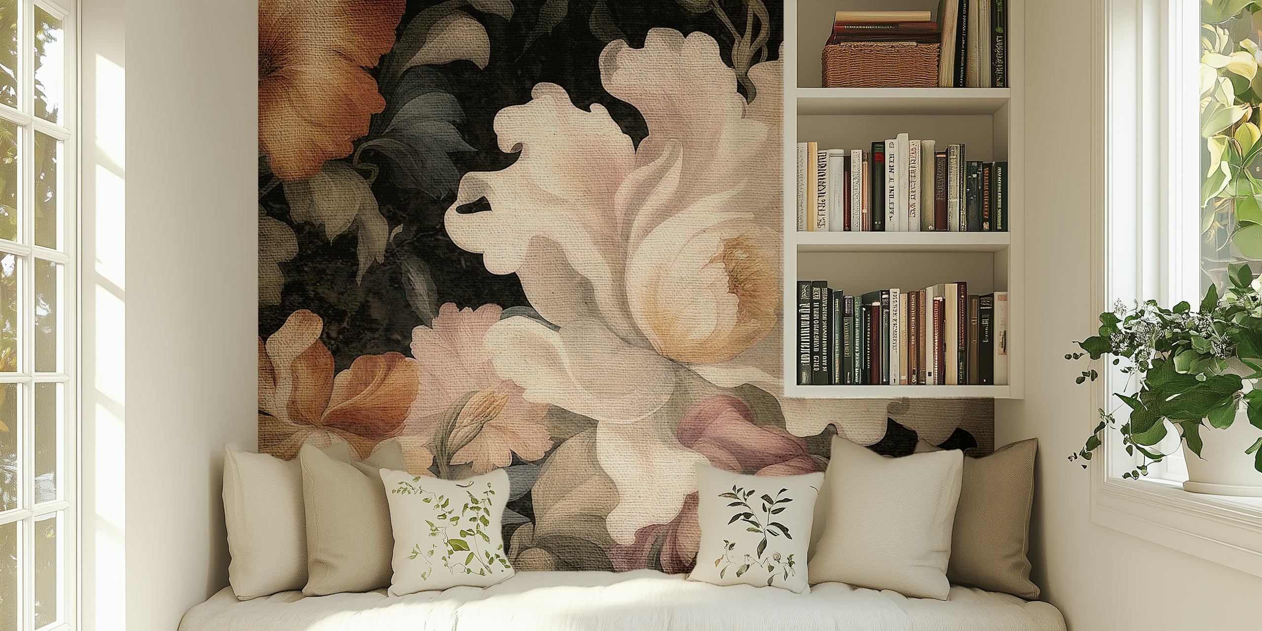 Enorme mural de pared Antique Moody Flowers con un diseño floral a gran escala sobre un fondo oscuro