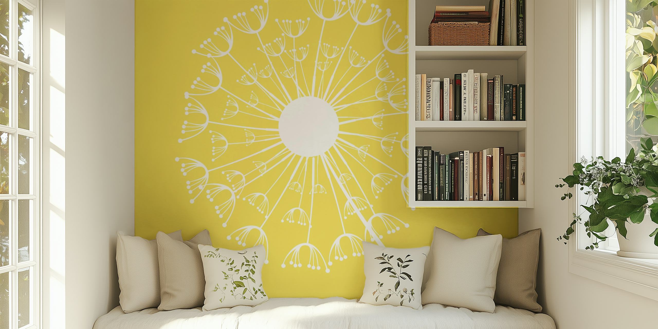 White dandelion illustration on yellow background wallpaper