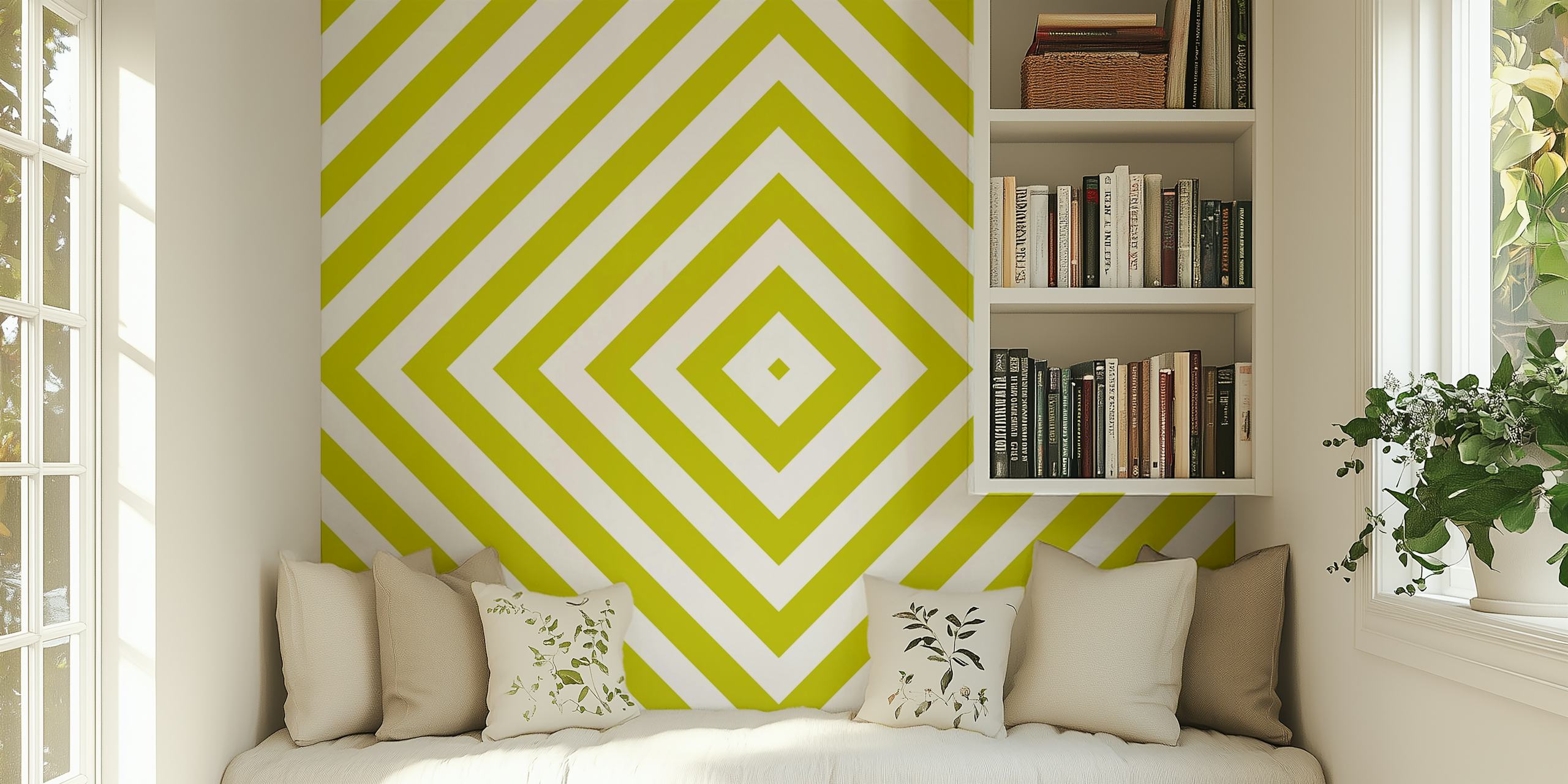 Lime green white square illusion papier peint sur le mur