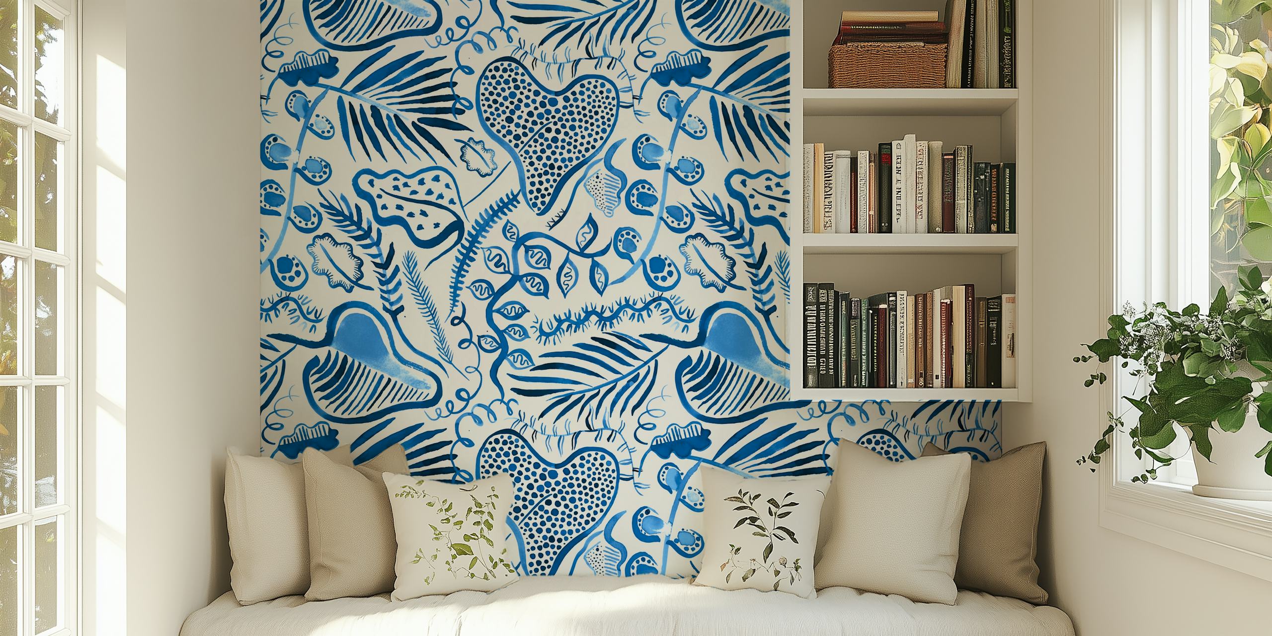 Tropical leaves in blue tones on a light background wallpaper