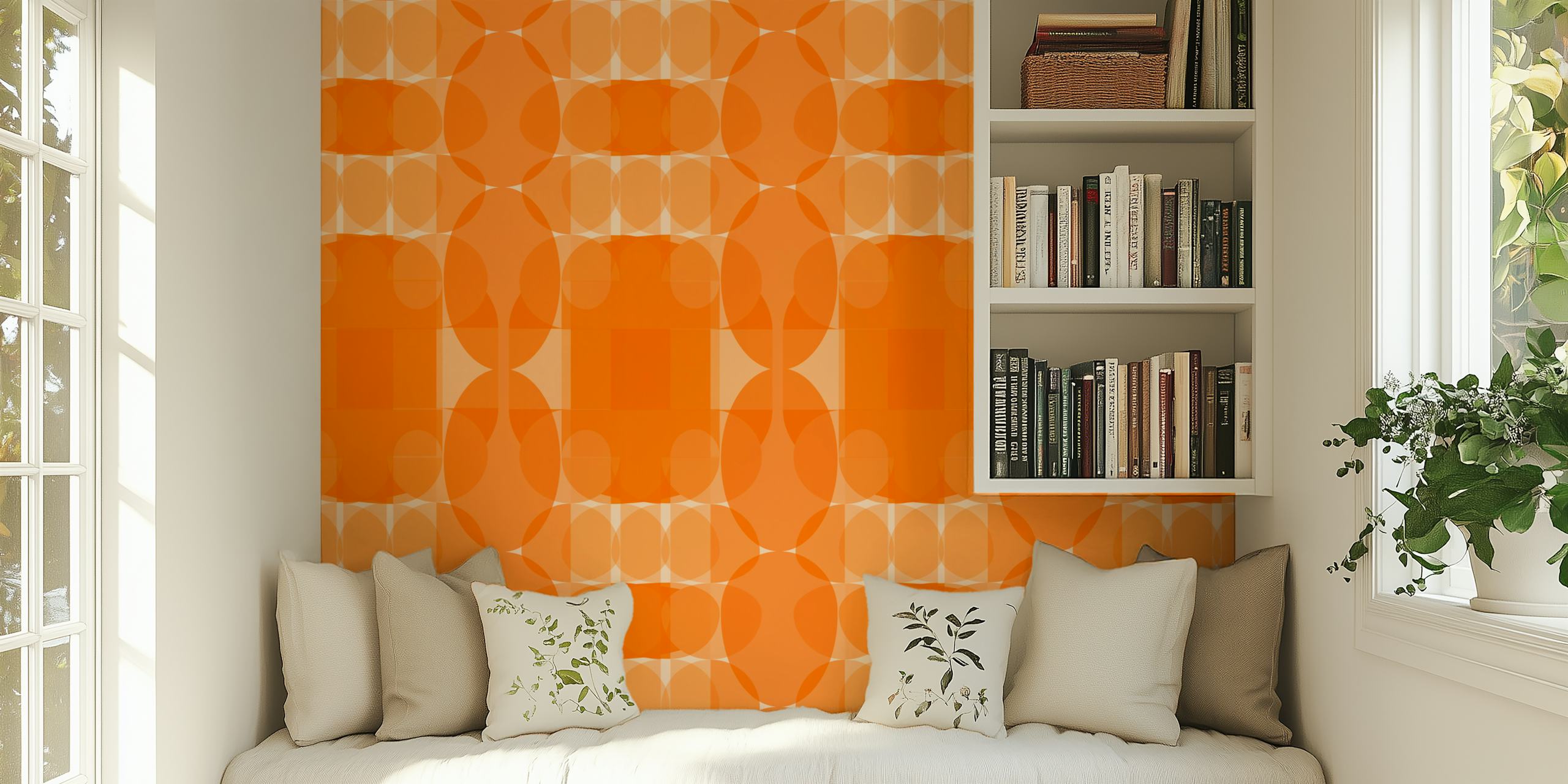 Fotomural de inspiración años setenta con formas geométricas en naranja