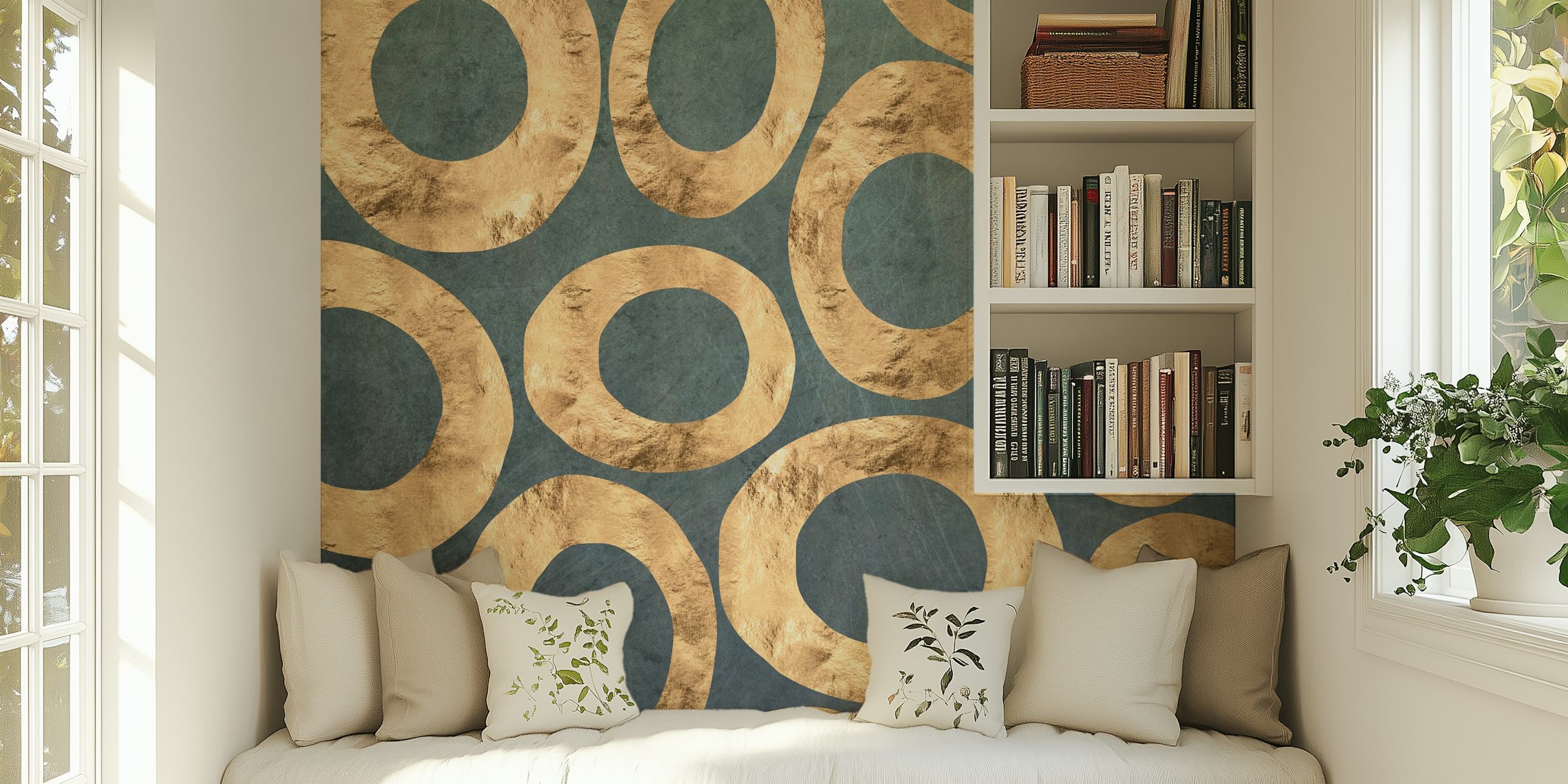 Gold oval rings on a scratched green background wallpaper