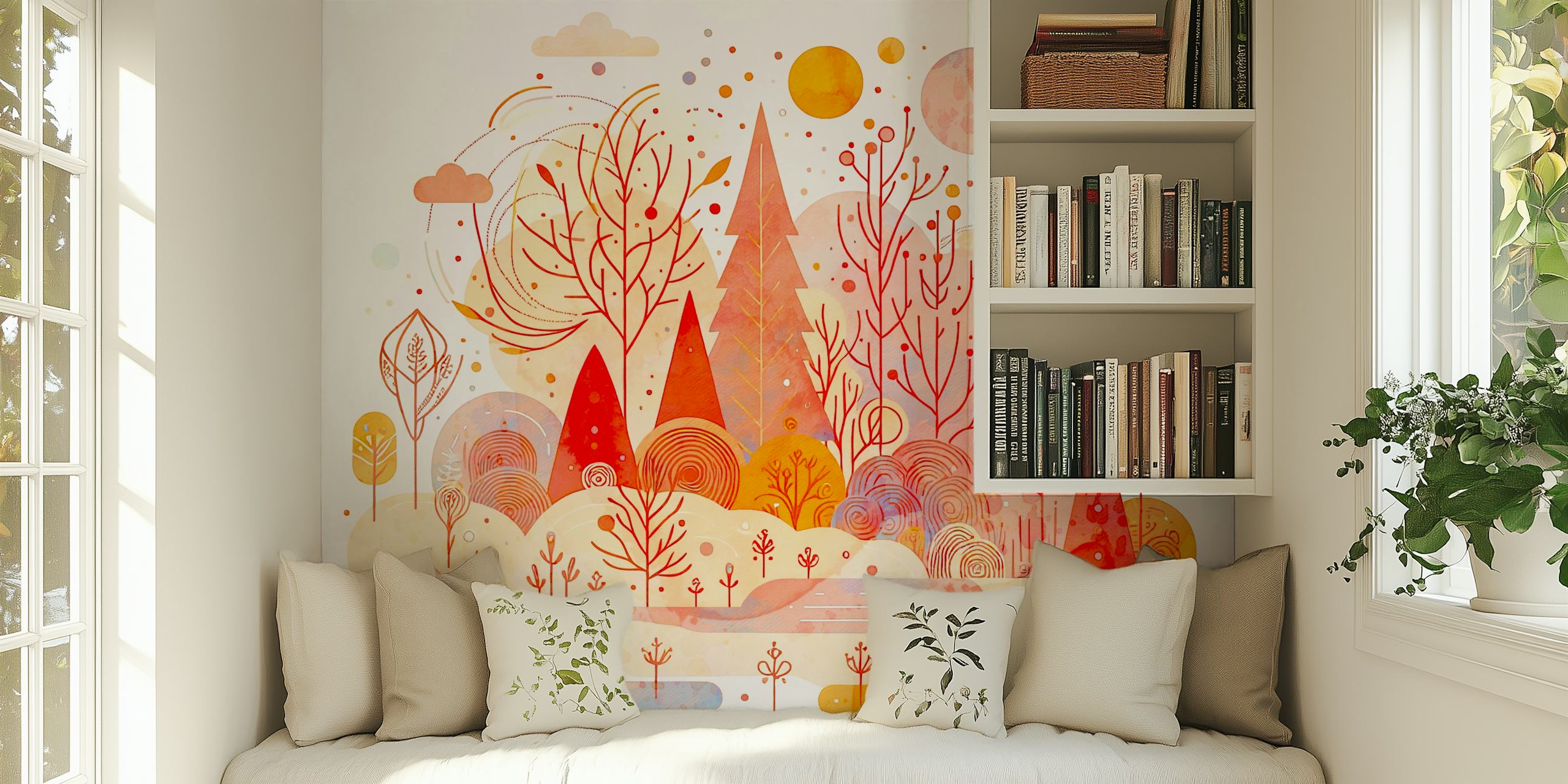 Whimsical Autumn Forest behang weergegeven in een kamer