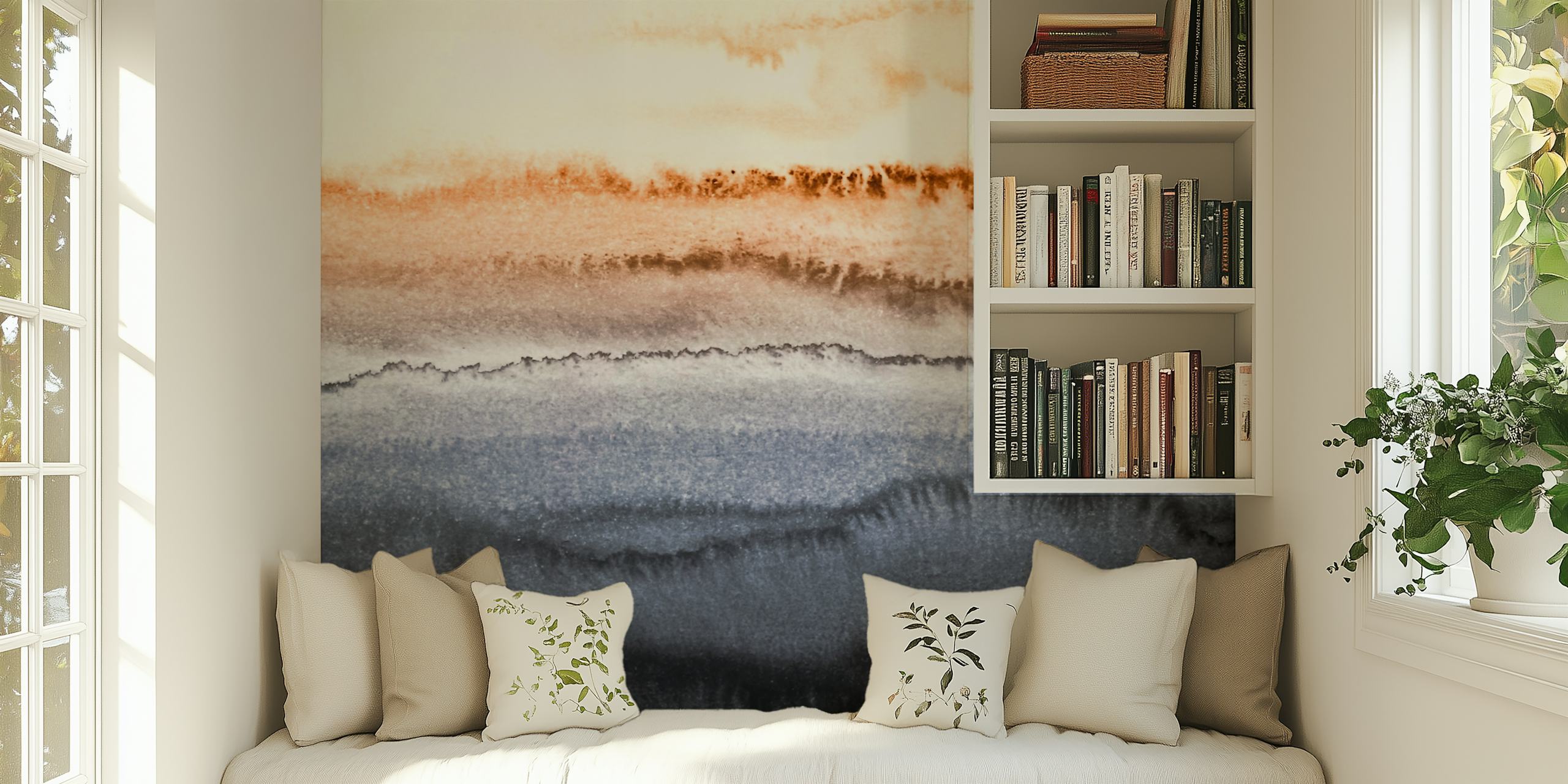 Abstract watercolor wallpaper in sandy beige, rich gray, and deep blue tones