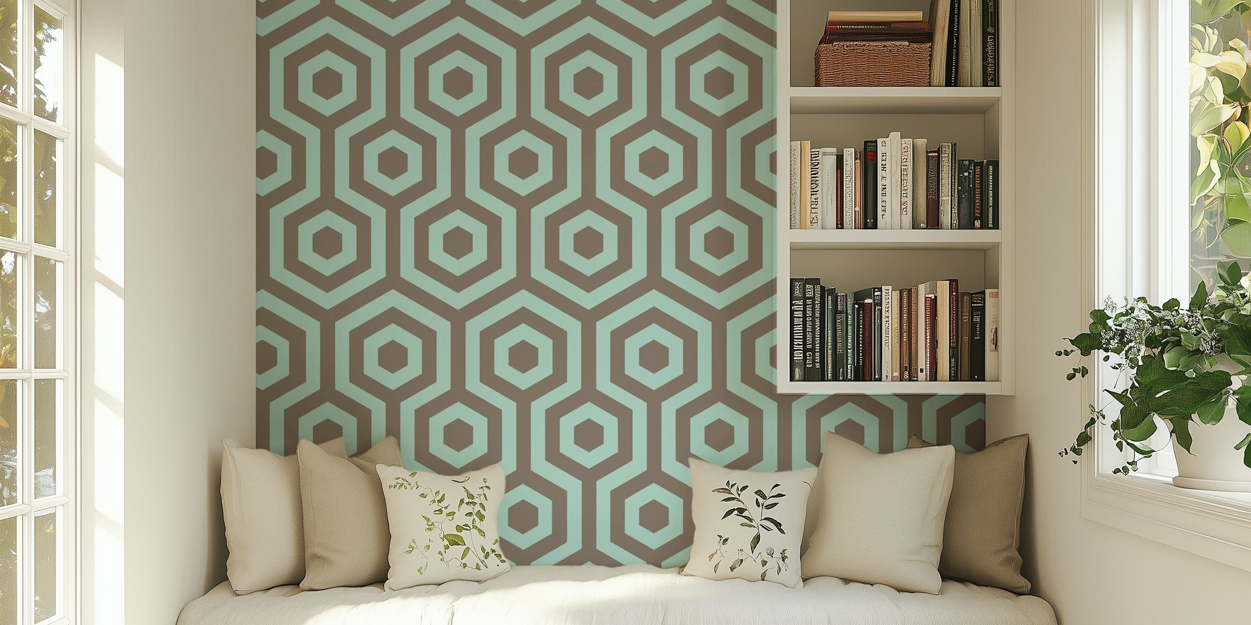 Hexagon pattern in pastel blue and brown wallpaper