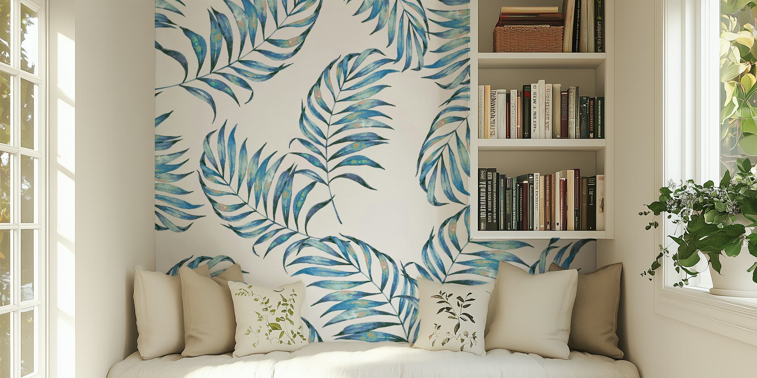 Blue tropical leaves design on white background wallpaper
