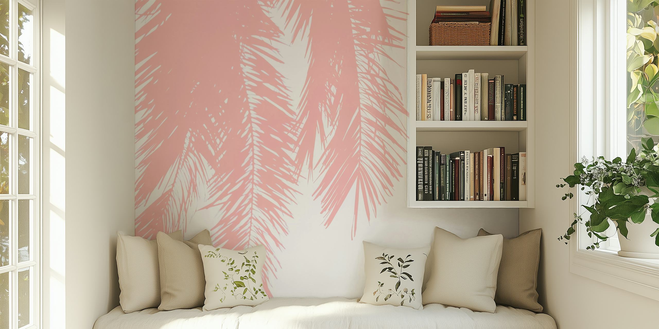 Tree Palm Leaves in Pastel Pink ταπετσαρία σε δωμάτιο