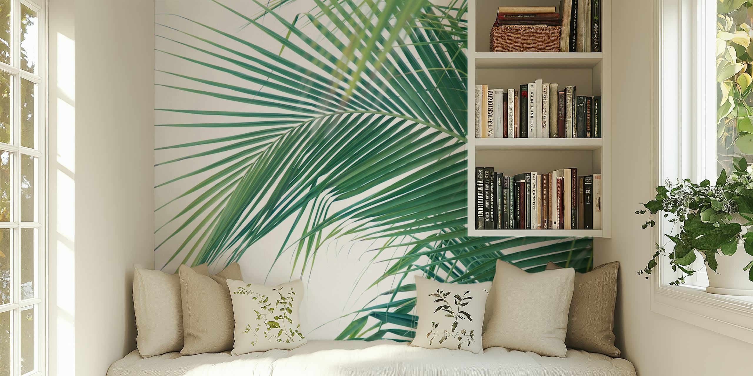 Green tropical palm leaf wall mural wallpaper