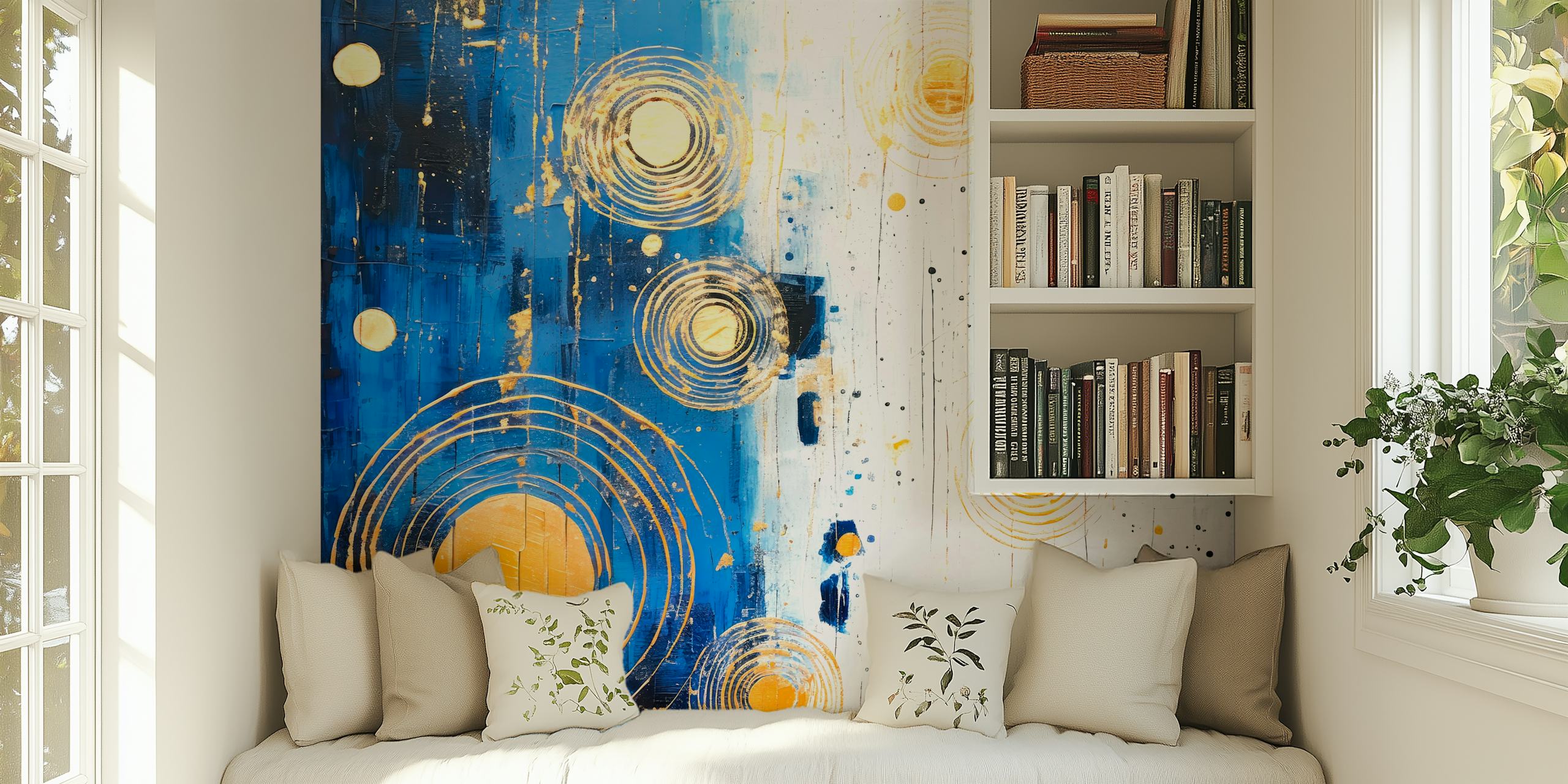 Abstract, op de kosmos geïnspireerd fotobehang met cirkels en spatten in blauw en goud