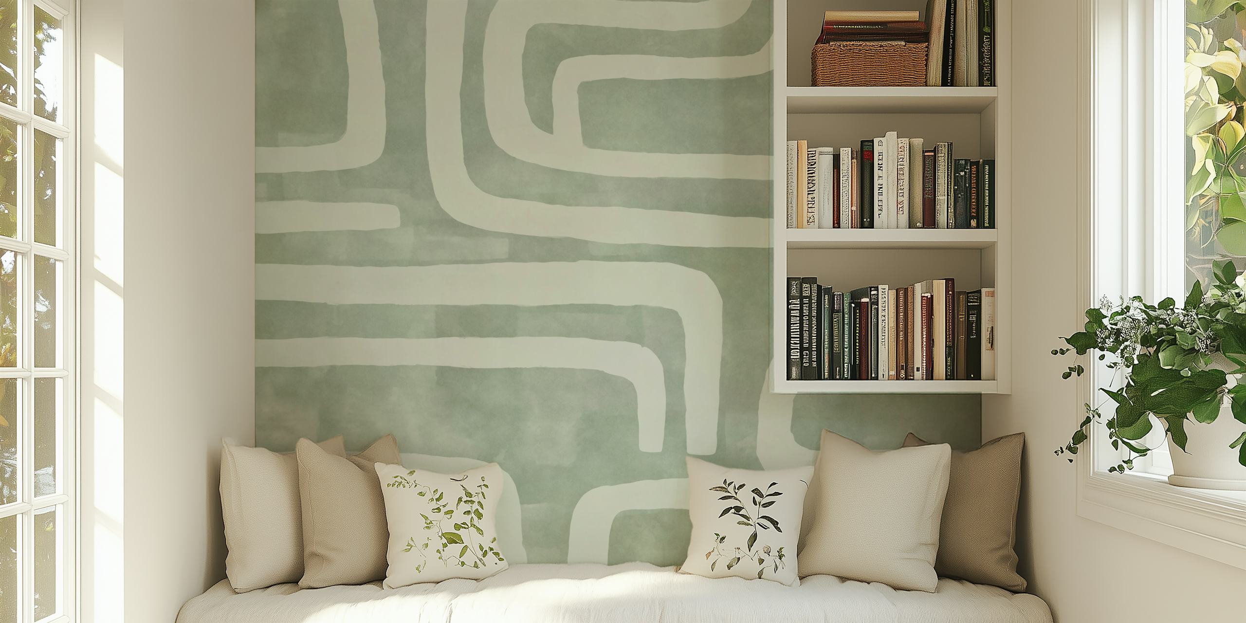 Tribal Shapes Abstract Art Sage Green Tapete in einem Raum.