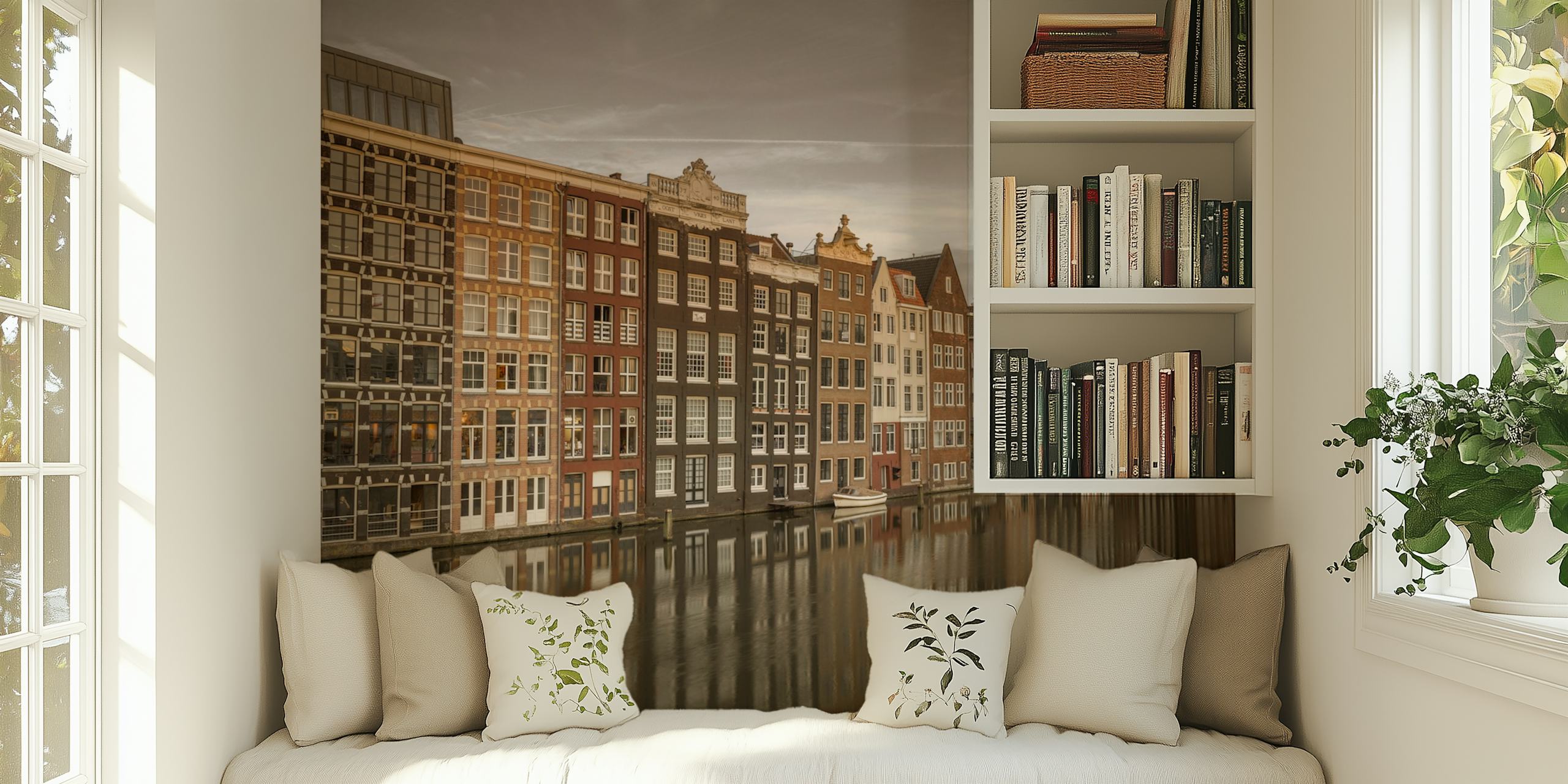 Rows of Amsterdam canal houses in muted colors reflecting on water wallpaper