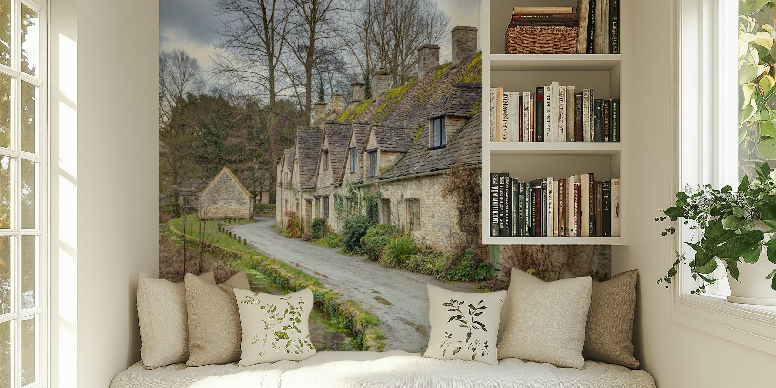Bibury Bliss Tapete, das eine charmante Dorfszene zeigt