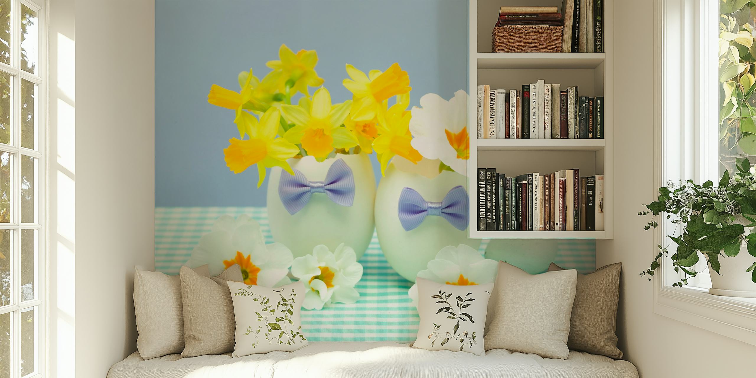Colorful flower and egg arrangements on pastel wallpaper