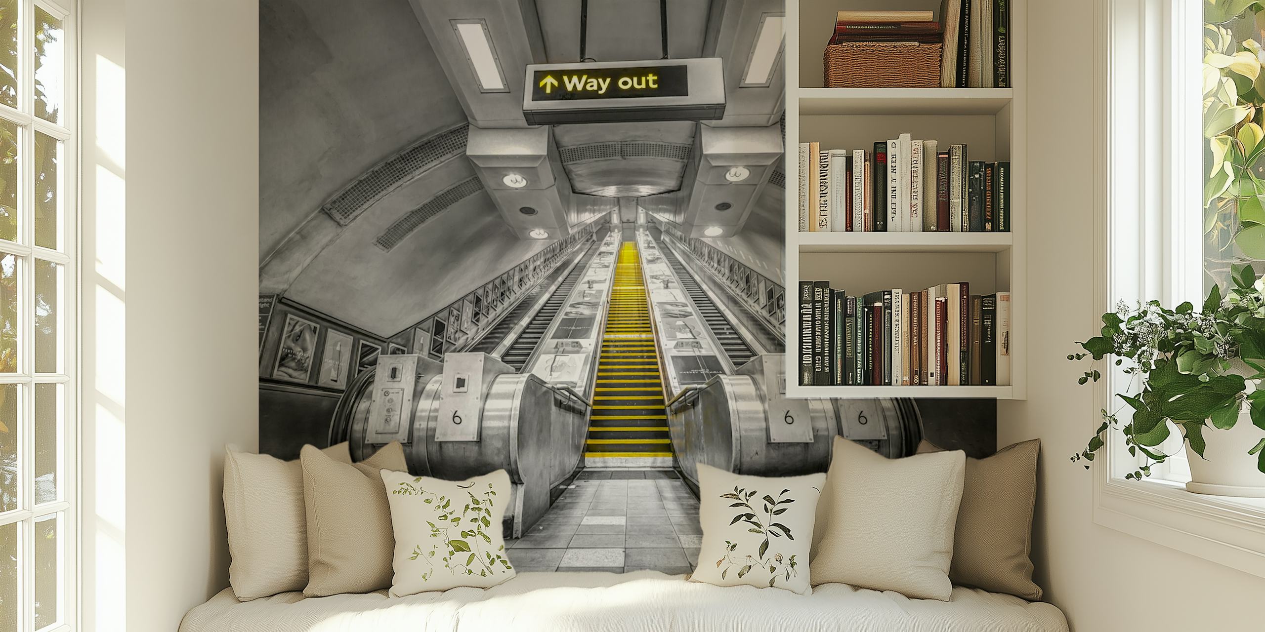 London Tube escalators in a room setting.