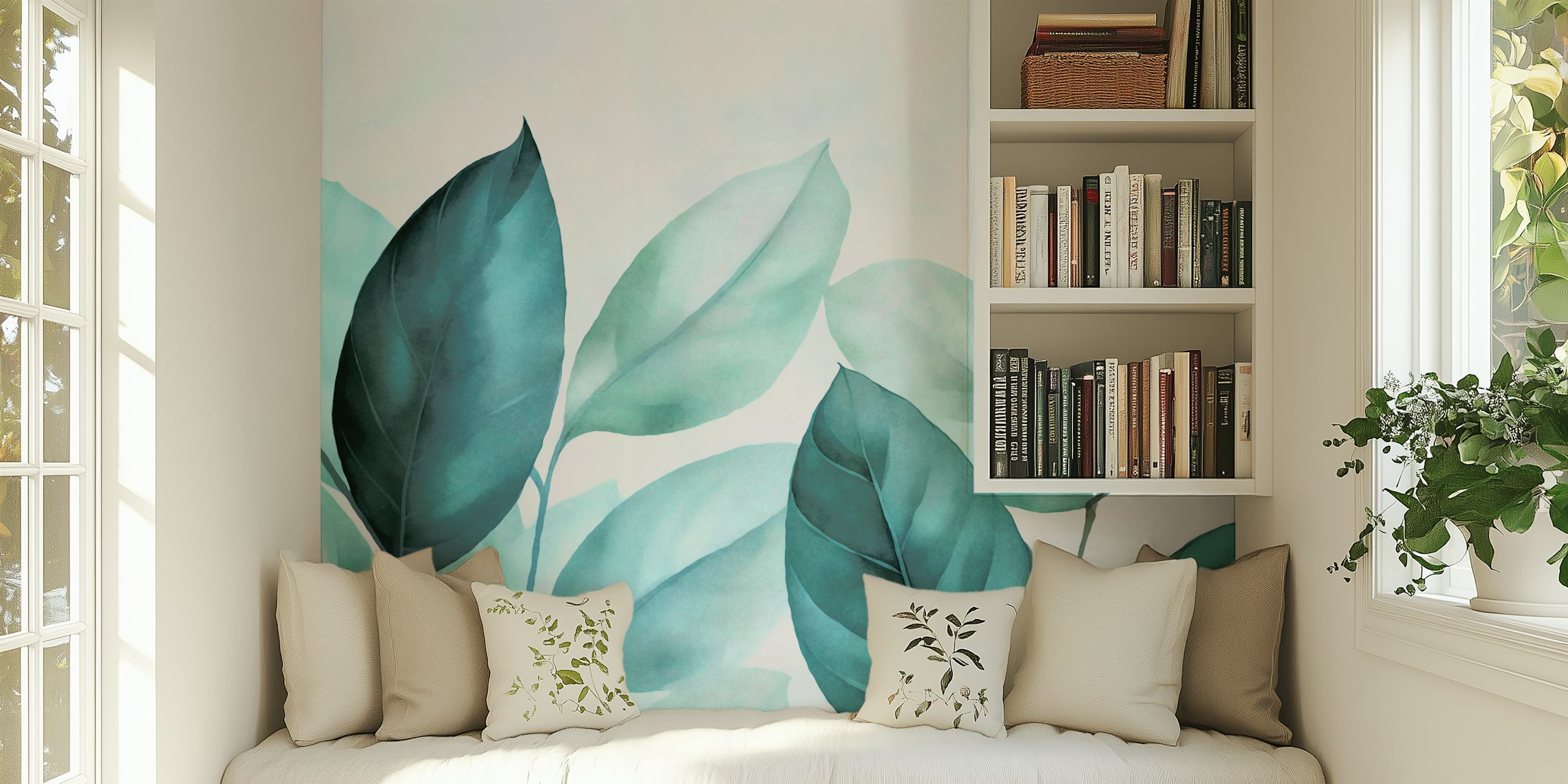 Papel de parede Calm Teal Blue Foliage em um quarto