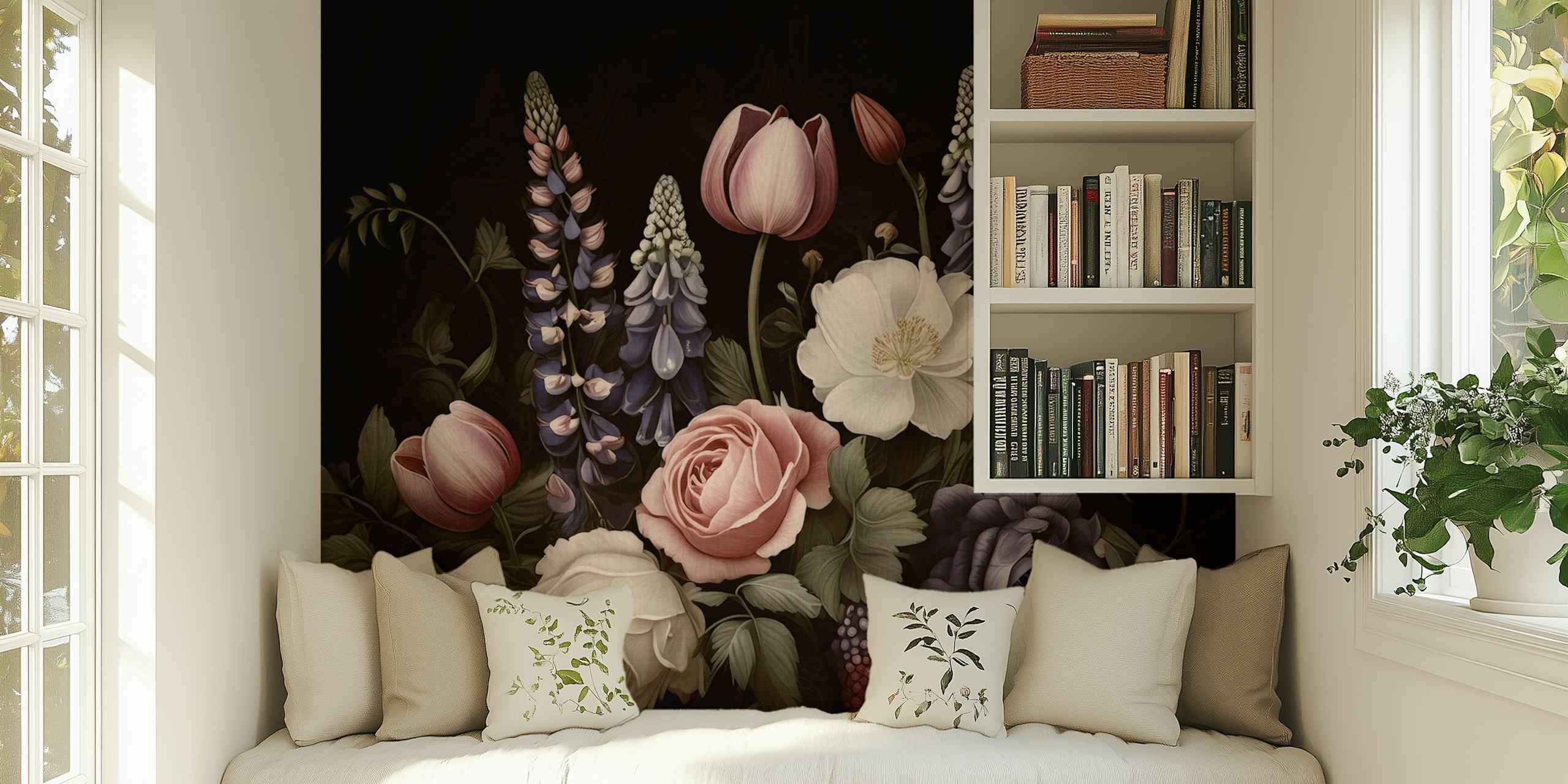 Moody baroque summer flowers wallpaper design