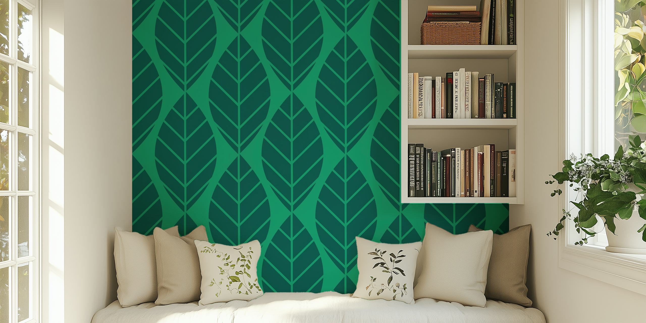 Emerald green jumbo leaves pattern w pokoju