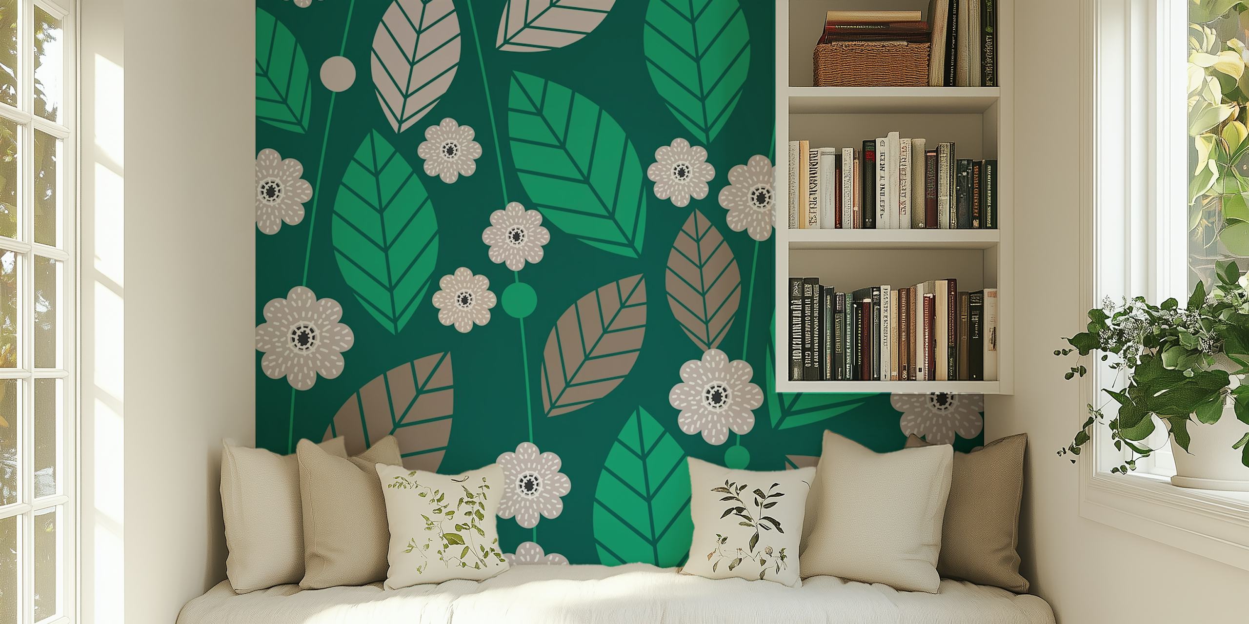 Forest Green Leaves Flowers Pattern τοιχογραφία με πράσινα φύλλα και λευκά λουλούδια σε σκούφο φόντο.