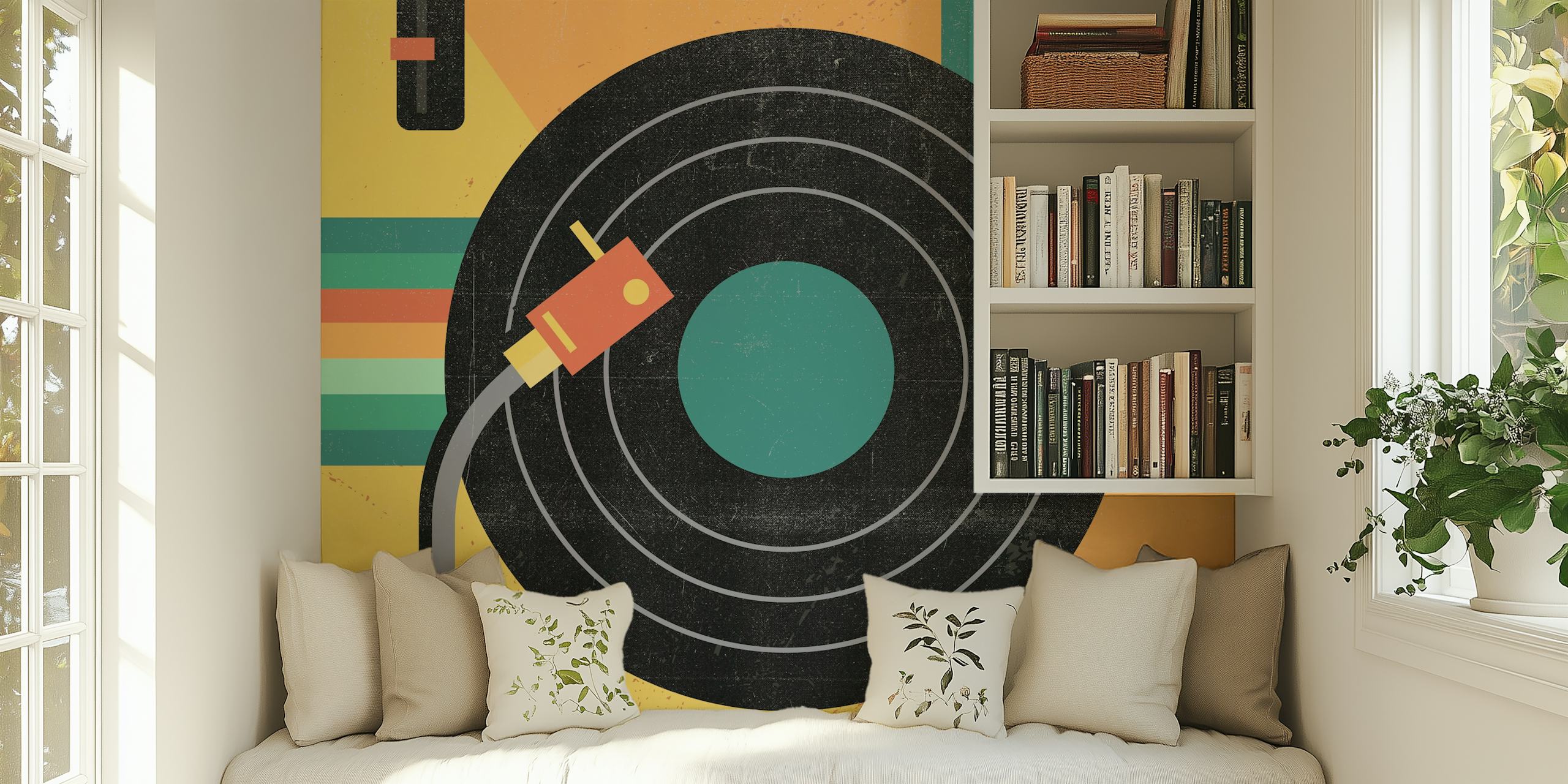 Vinyl record and turntable arm wall mural with colorful geometric background