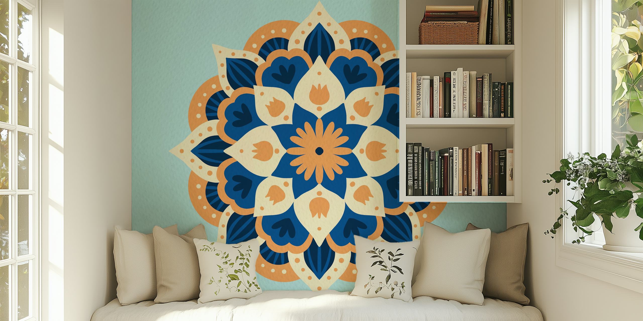 Πορτοκαλί μπλε Modern dahlia mandala ταπετσαρία