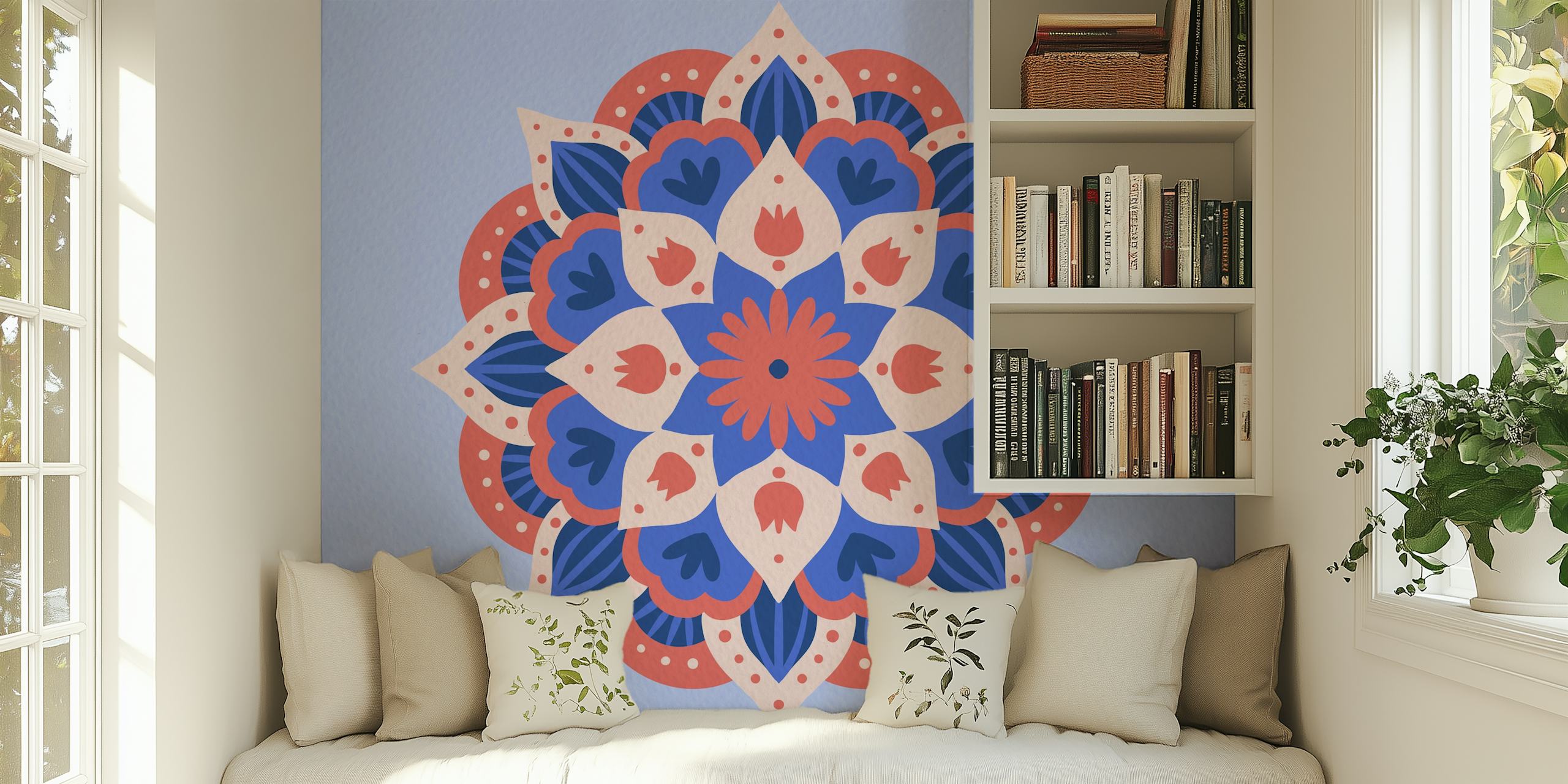 Modern dahlia mandala wallpaper in red and blue