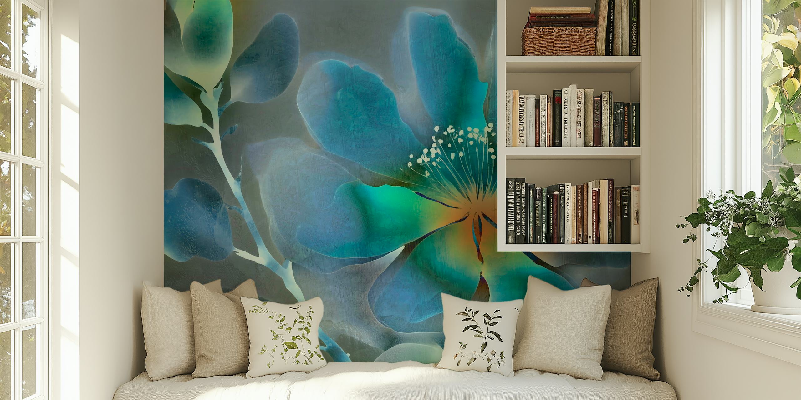 Op Azië geïnspireerde wabi-sabi bloemenmuurschildering met elegante bloemen met een rustige en natuurlijke uitstraling