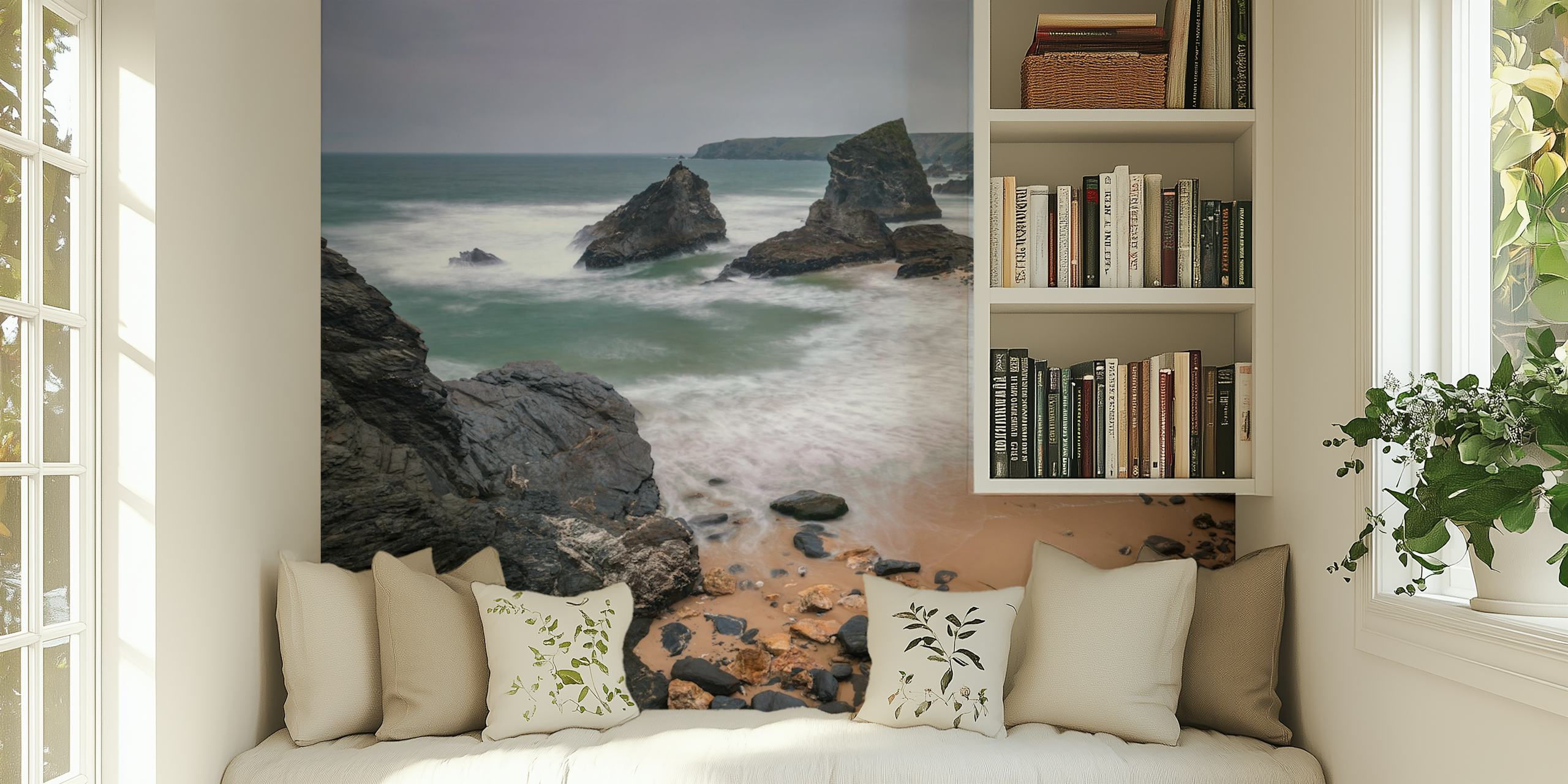 Bedruthan Steps Coastline wall mural showing towering sea stacks and foamy waves