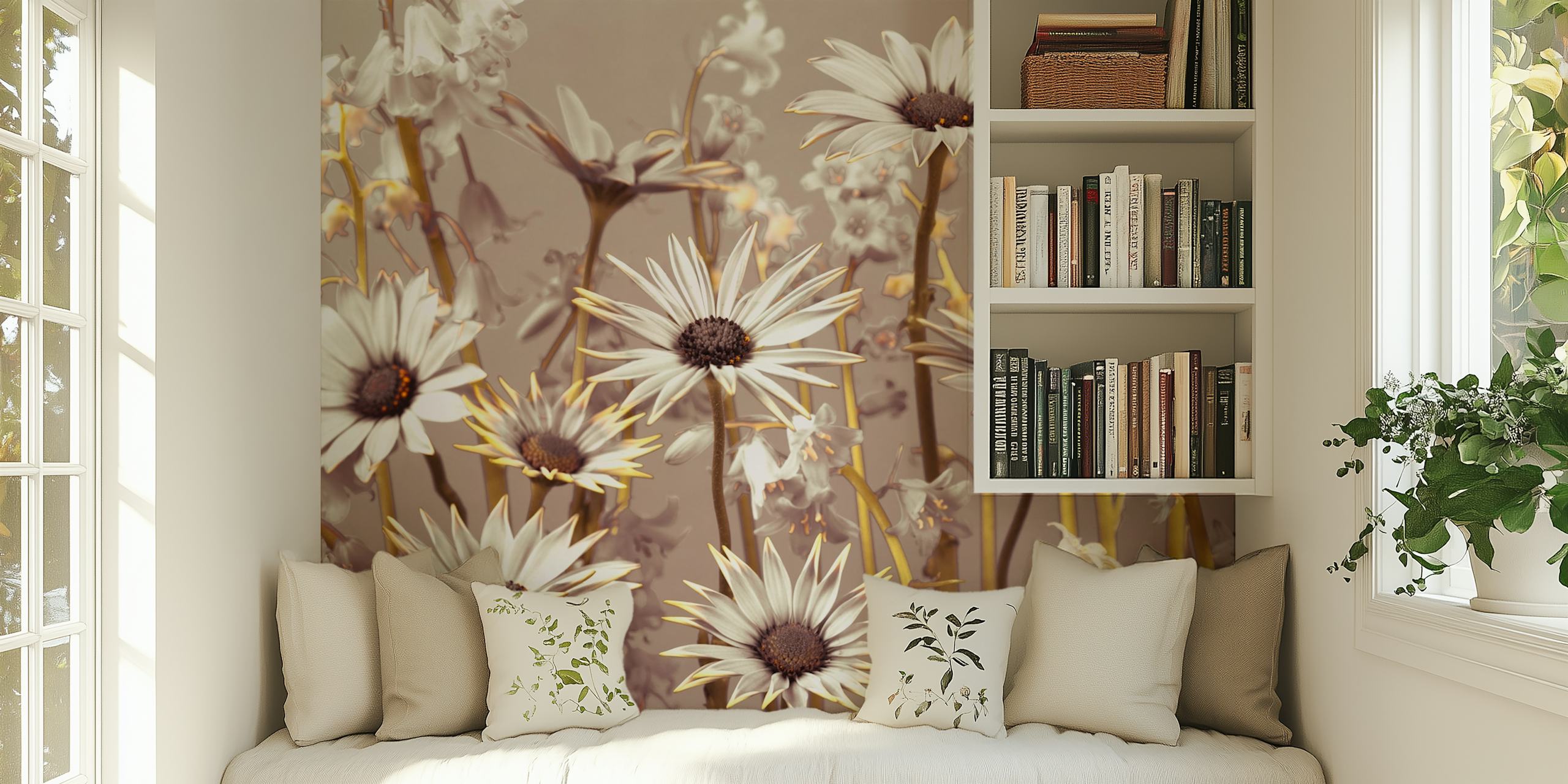 White flowers with grey background floral wallpaper