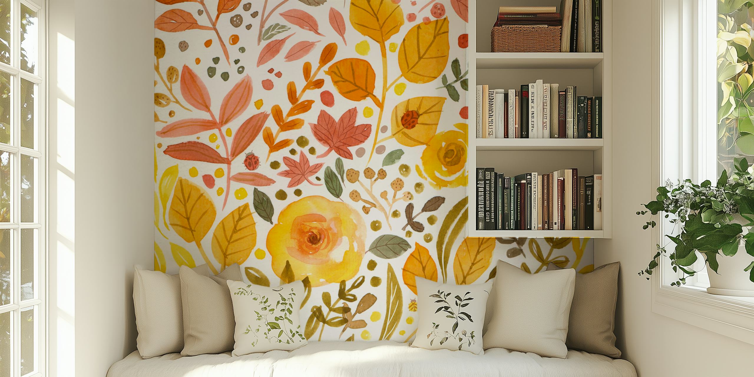 Loose florals in warm colors, including yellow, orange, and brown wallpaper