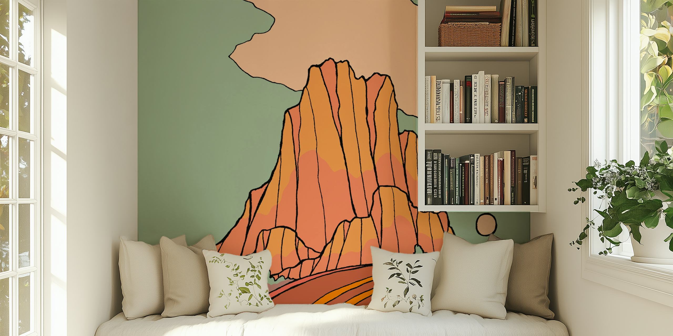 Stylized mountain landscape with a road and pastel colors wallpaper