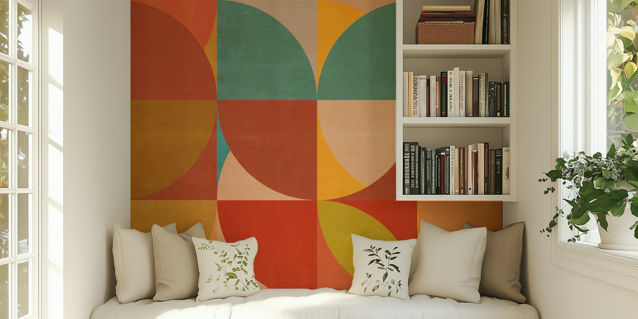 Geometric abstract shapes in red, green, orange, and blue wallpaper