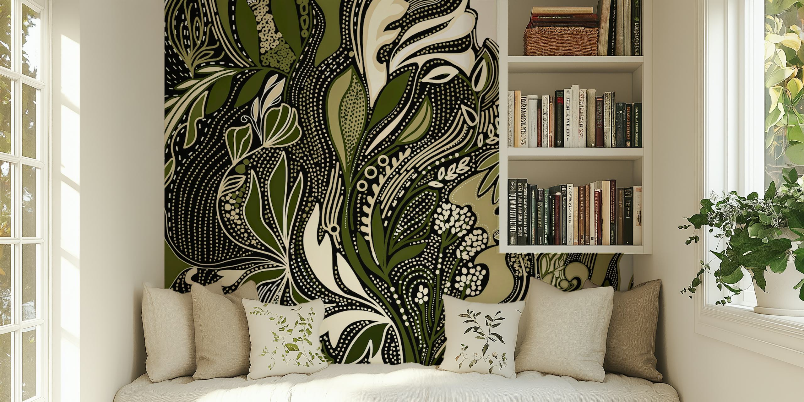 Botanical pattern in green and beige tones wallpaper