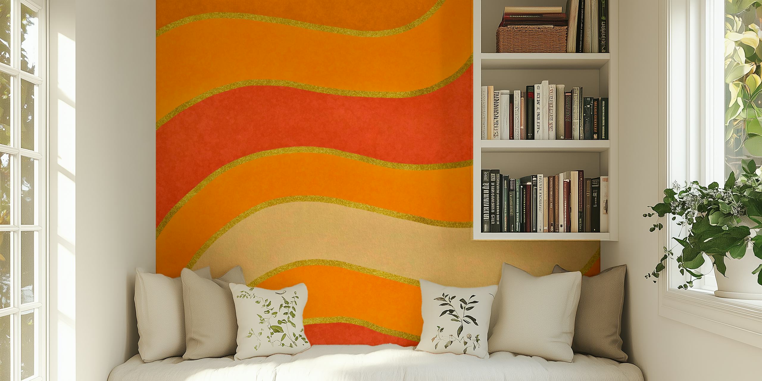 Wavy orange and yellow patterns with gold accents wallpaper
