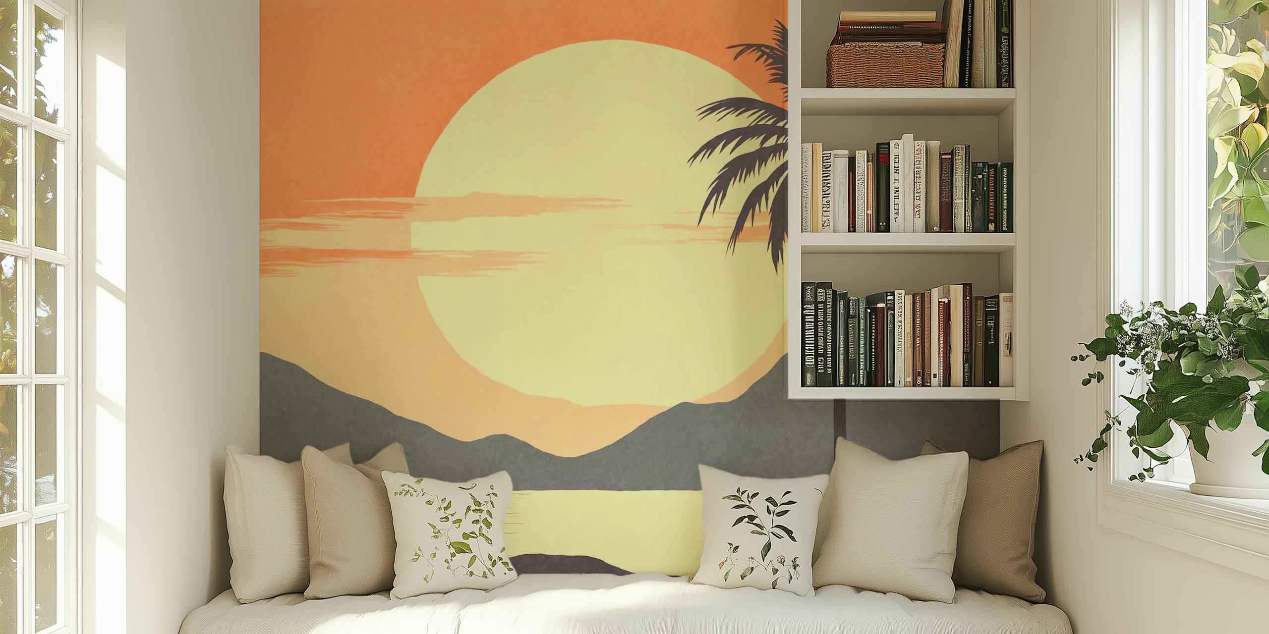 Hawaiian beach sunset wall mural with palm tree silhouette