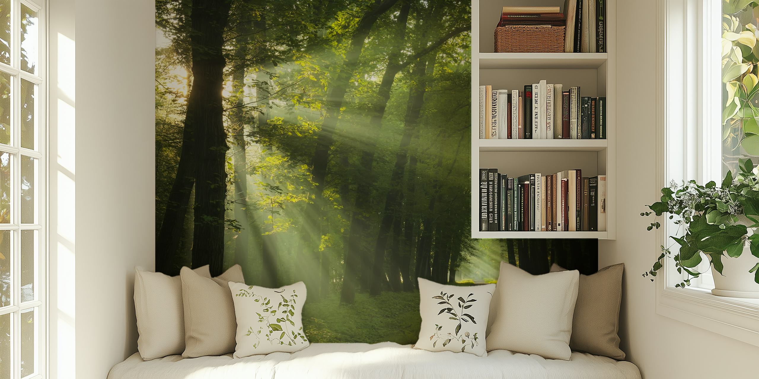 Sunrays filtering through a green forest wallpaper