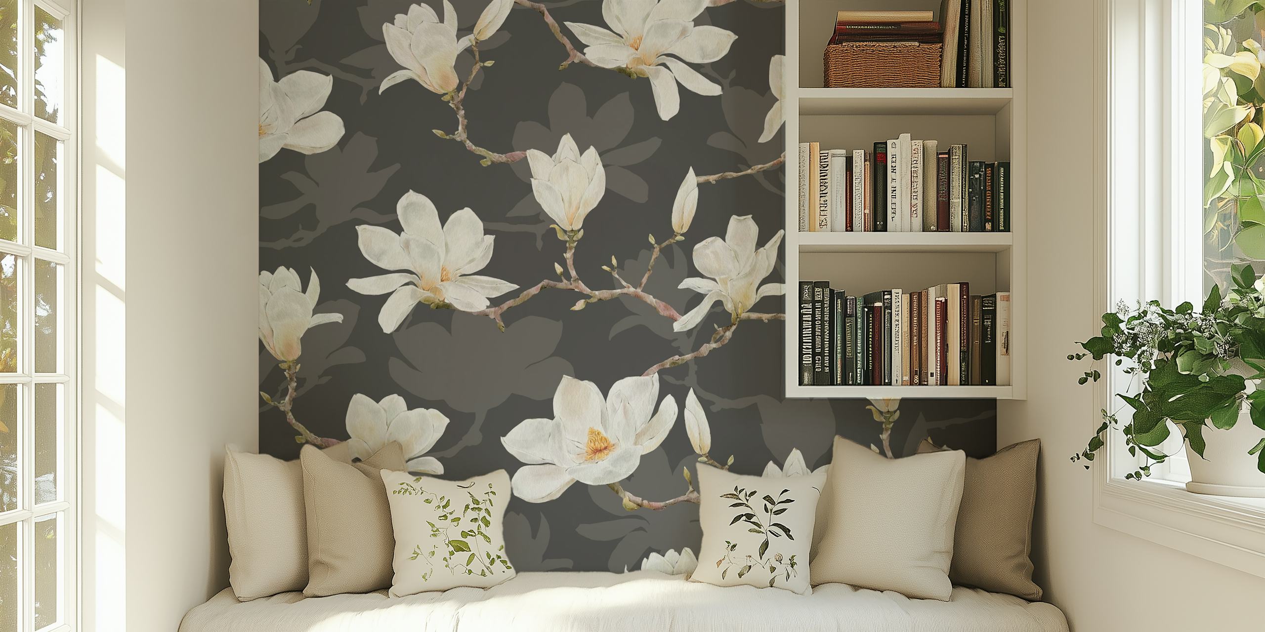White magnolias on gray background floral wallpaper