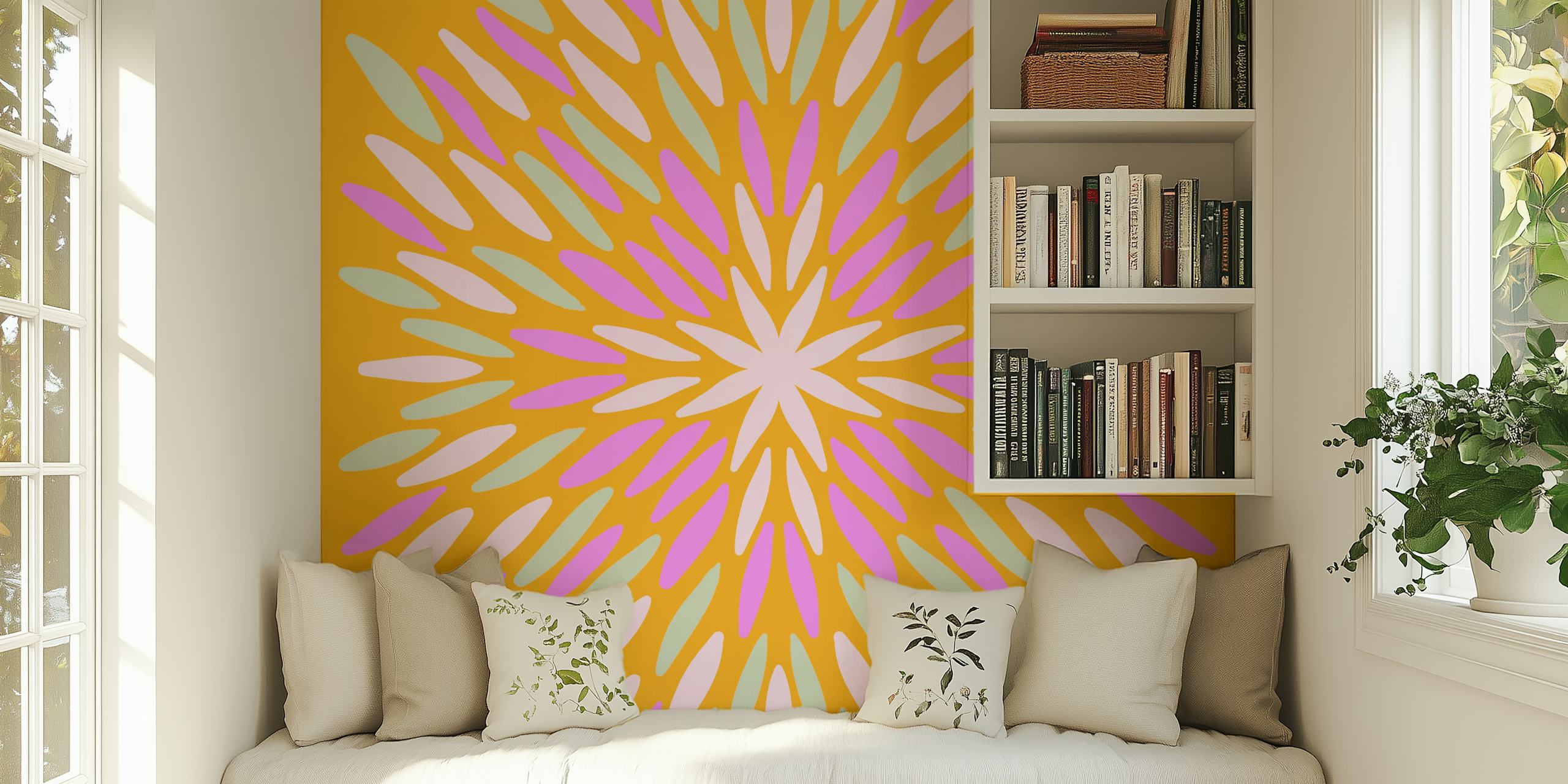 Colorful floral pattern in pink and orange on wallpaper