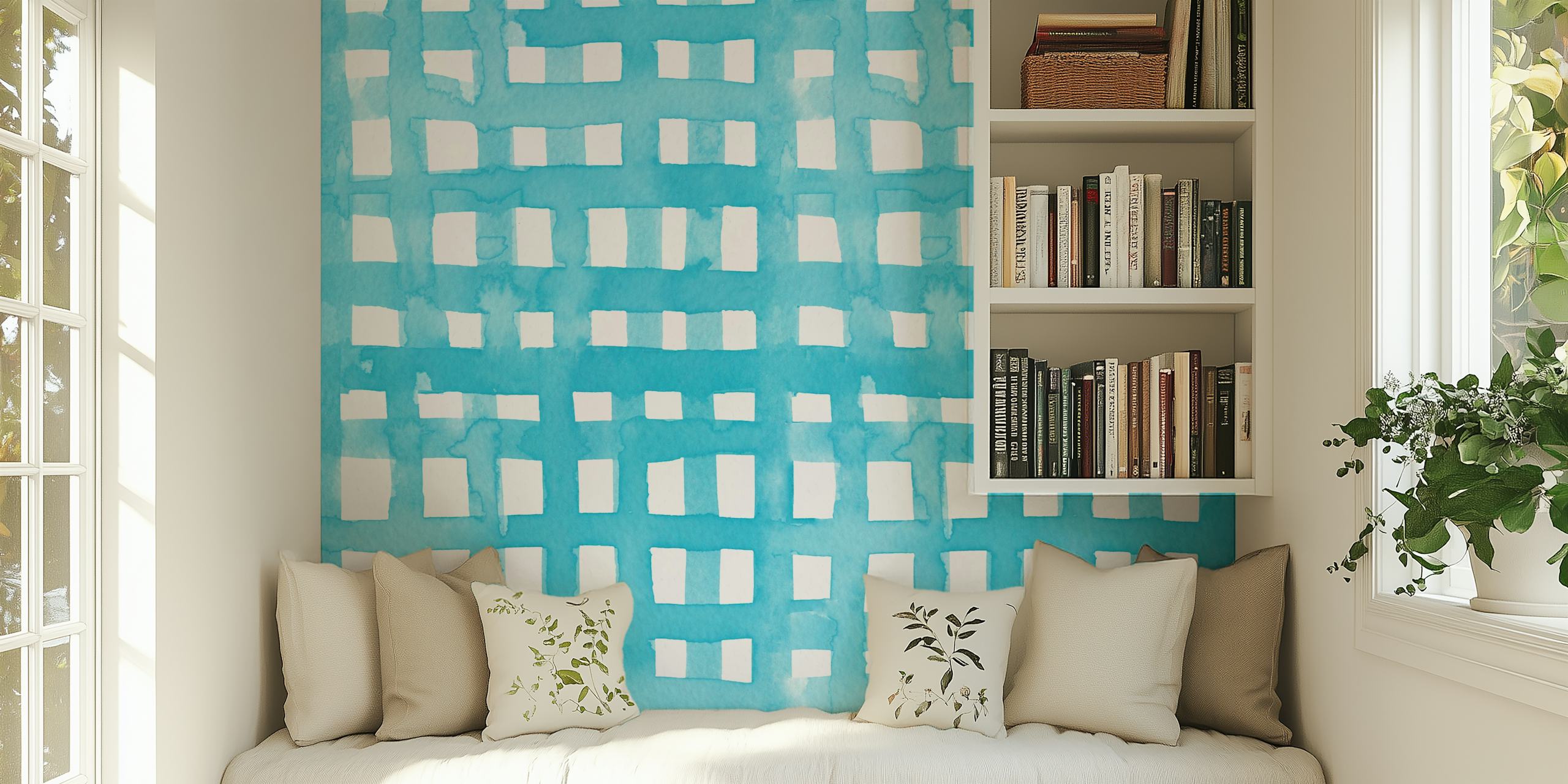 Pastel blue grid watercolor wallpaper displayed in a room