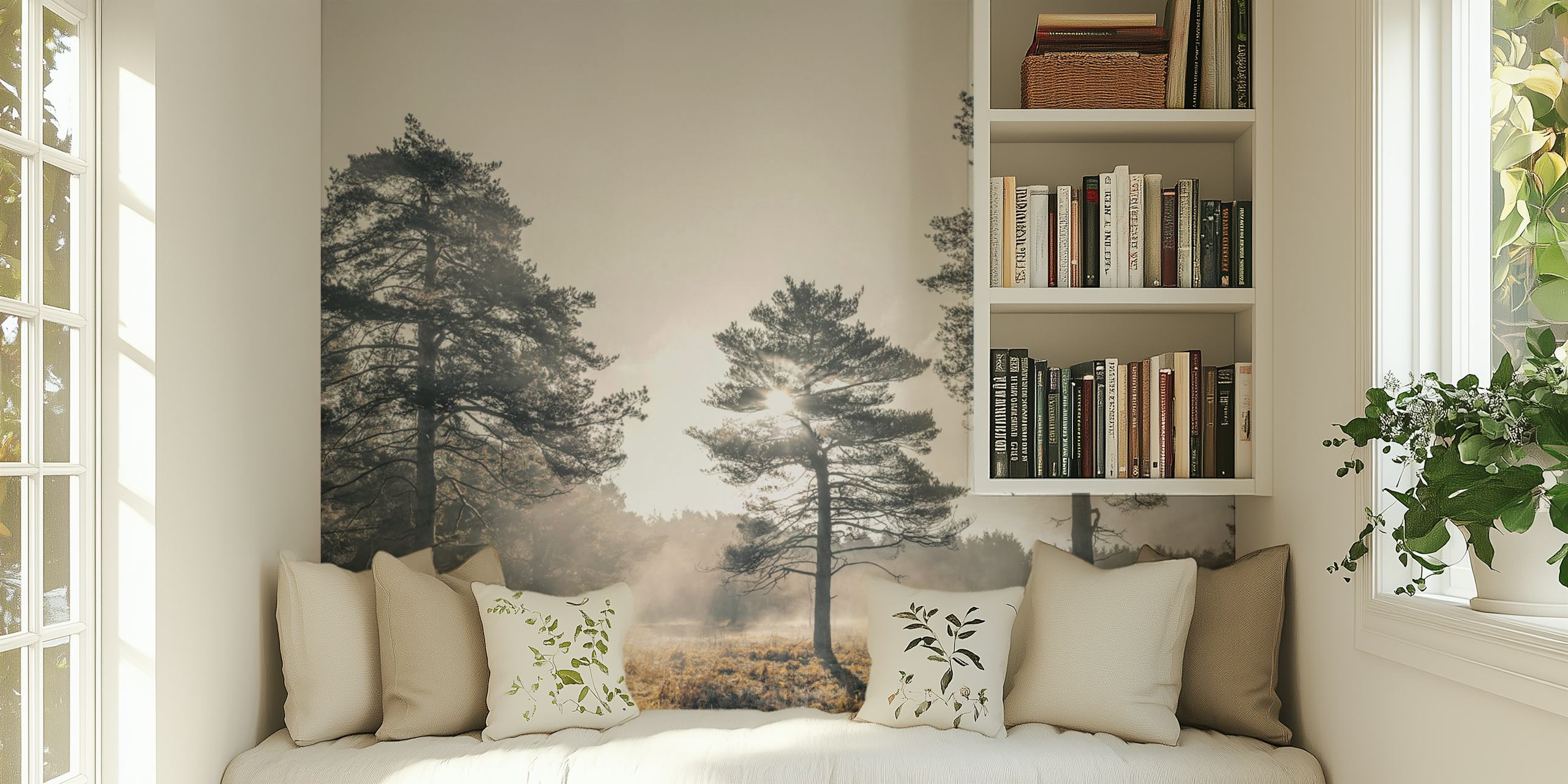 Black and white trees and mist in a forest wallpaper