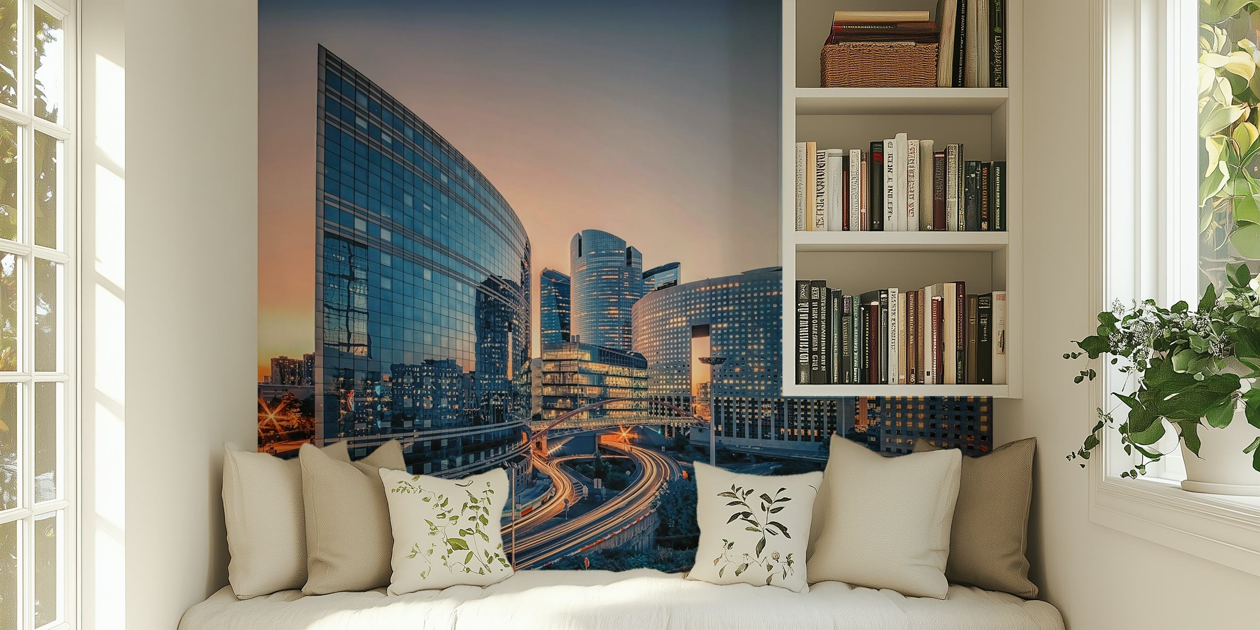 City skyline with modern glass buildings at sunset wallpaper