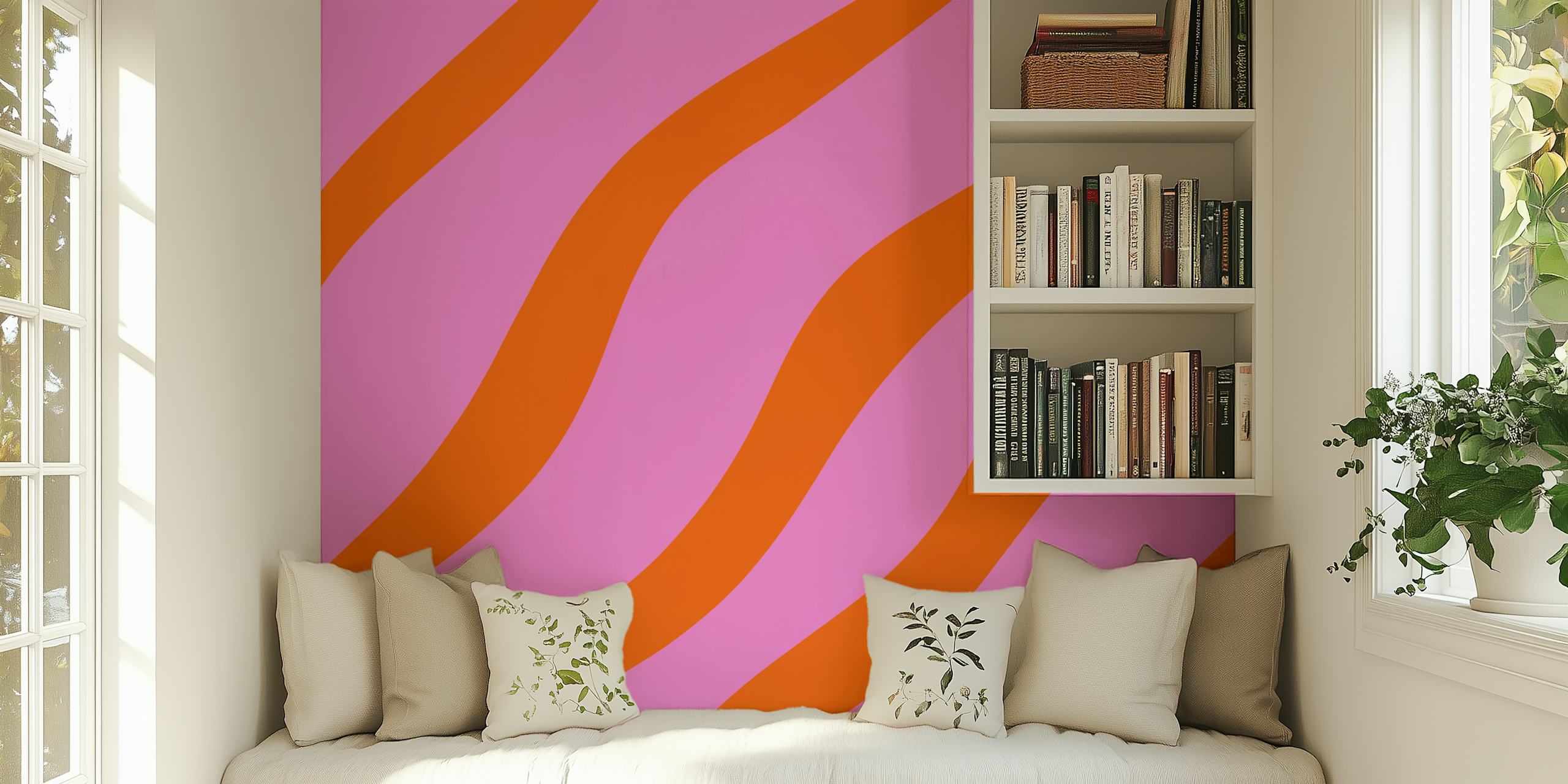 Abstract wavy lines in orange and pink wallpaper
