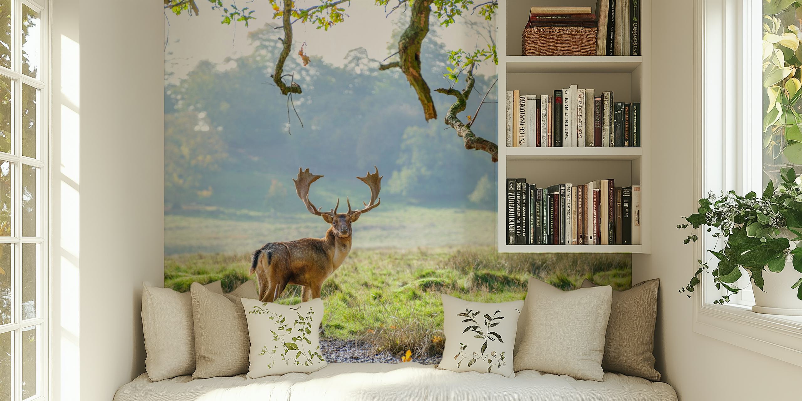 Deer in a lush green landscape with trees wallpaper