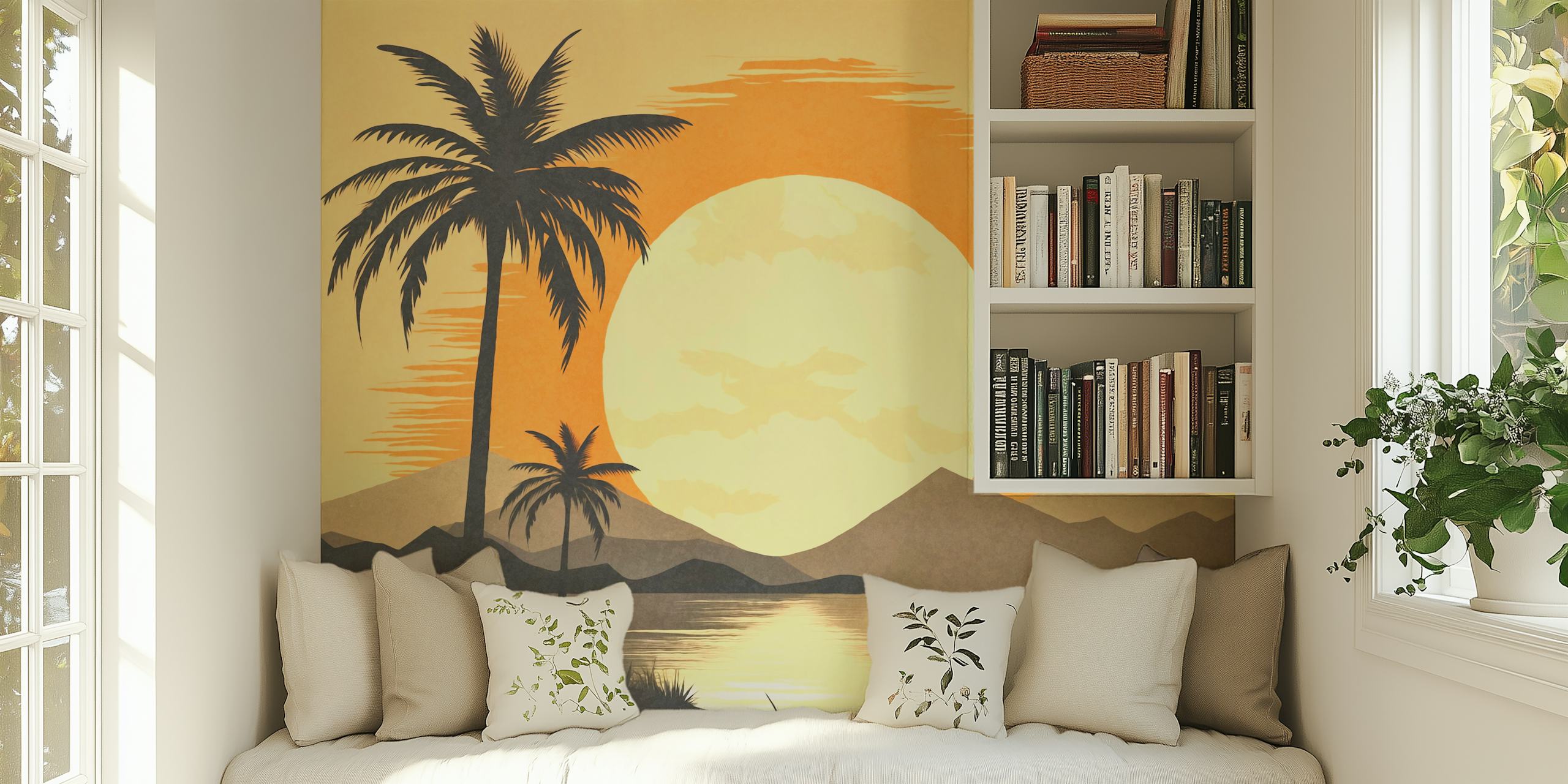 Illustrazione di una serena baia di palme tropicali all'alba in stile acquerello.