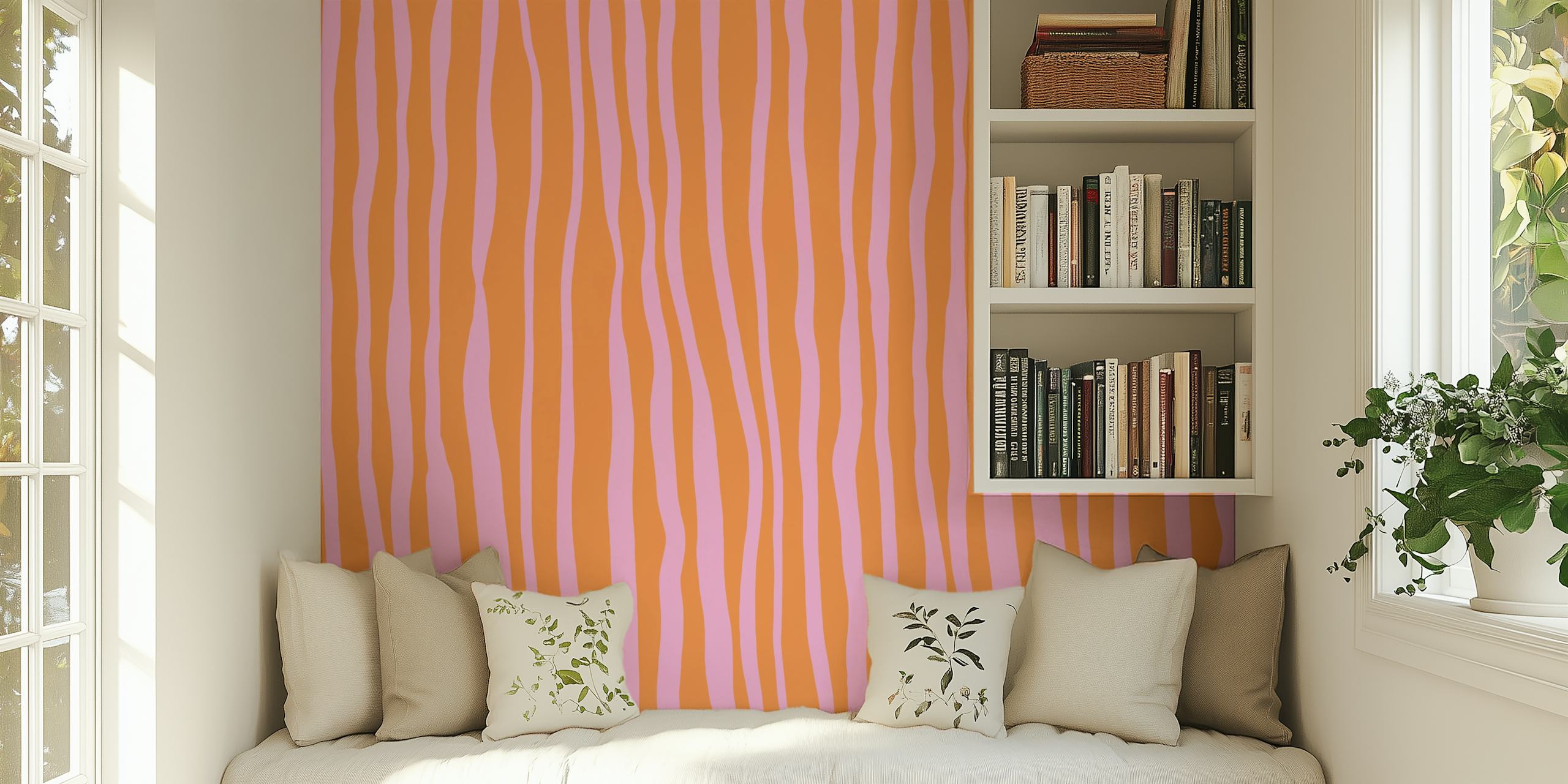 Papier peint mural lignes verticales rose pastel et orange